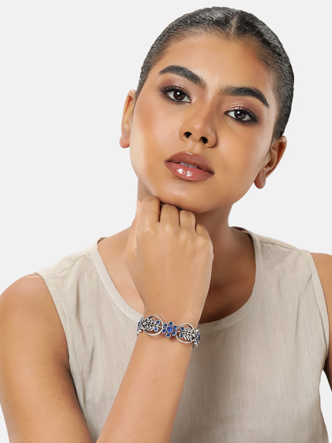 

AITIHYA Women Silver-Plated Stone Studded Cuff Bracelet, Blue