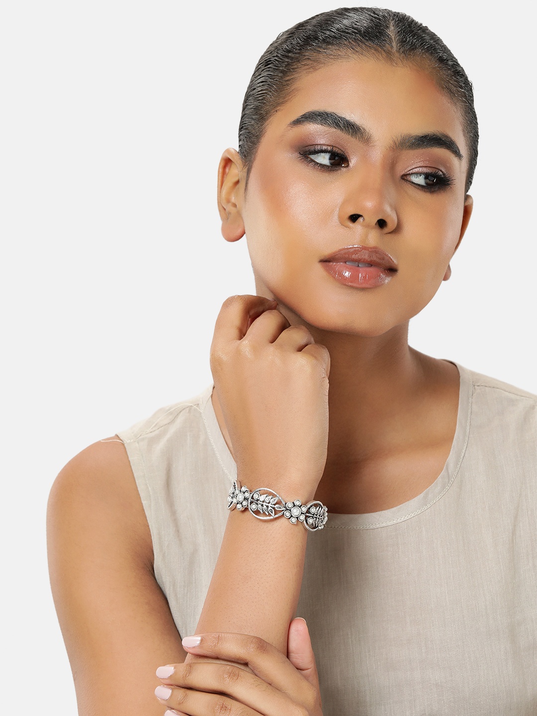 

AITIHYA Women Silver-Plated Stone Studded Cuff Bracelet, Cream