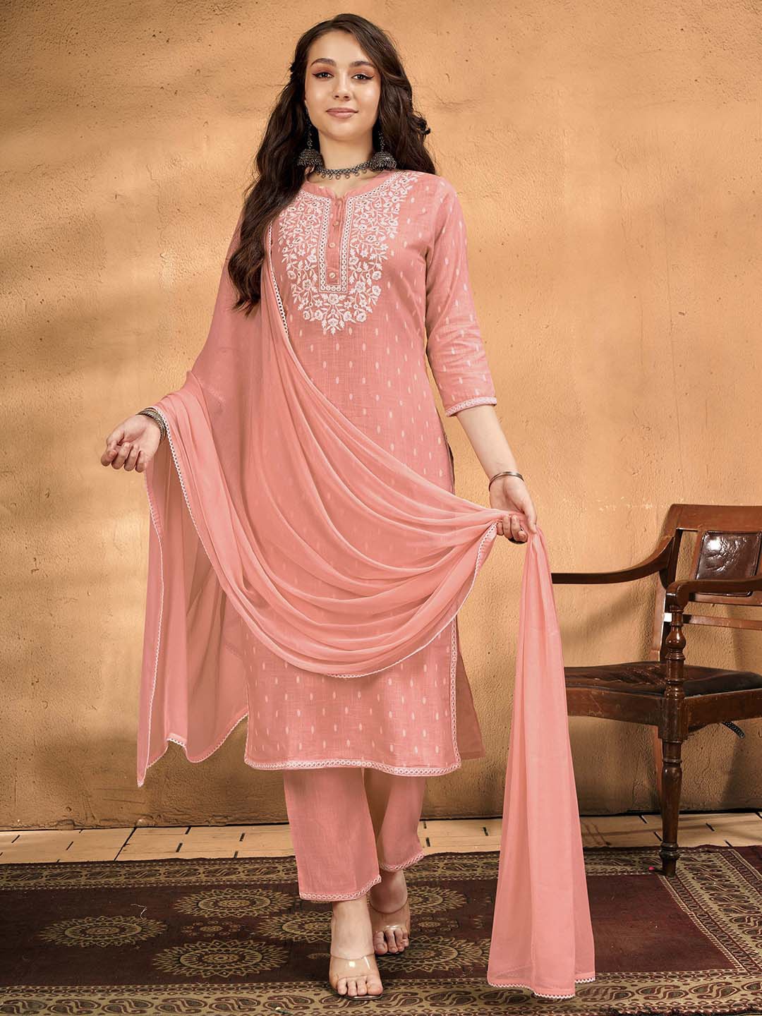 

Anouk Ethnic Motifs Embroidered Thread Work Pure Cotton Kurta With Trousers & Dupatta, Peach