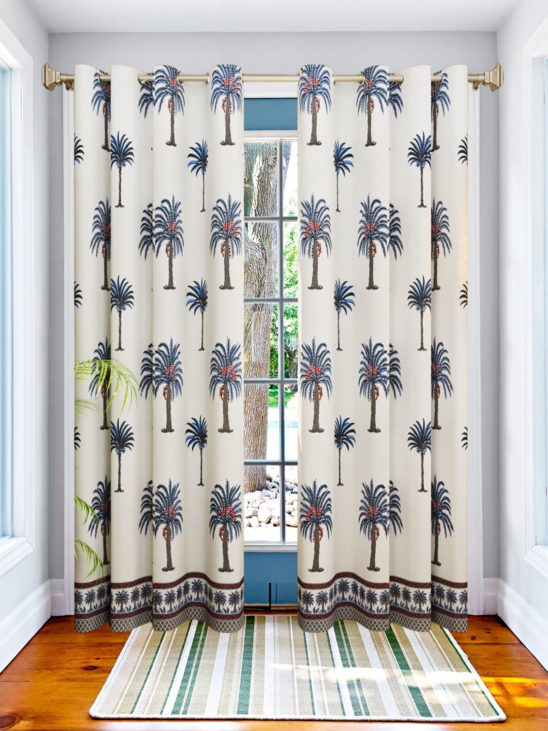 

LIVING ROOTS Blue & White 2 Pieces Tropical Block Printed Elegant Cotton Door Curtains