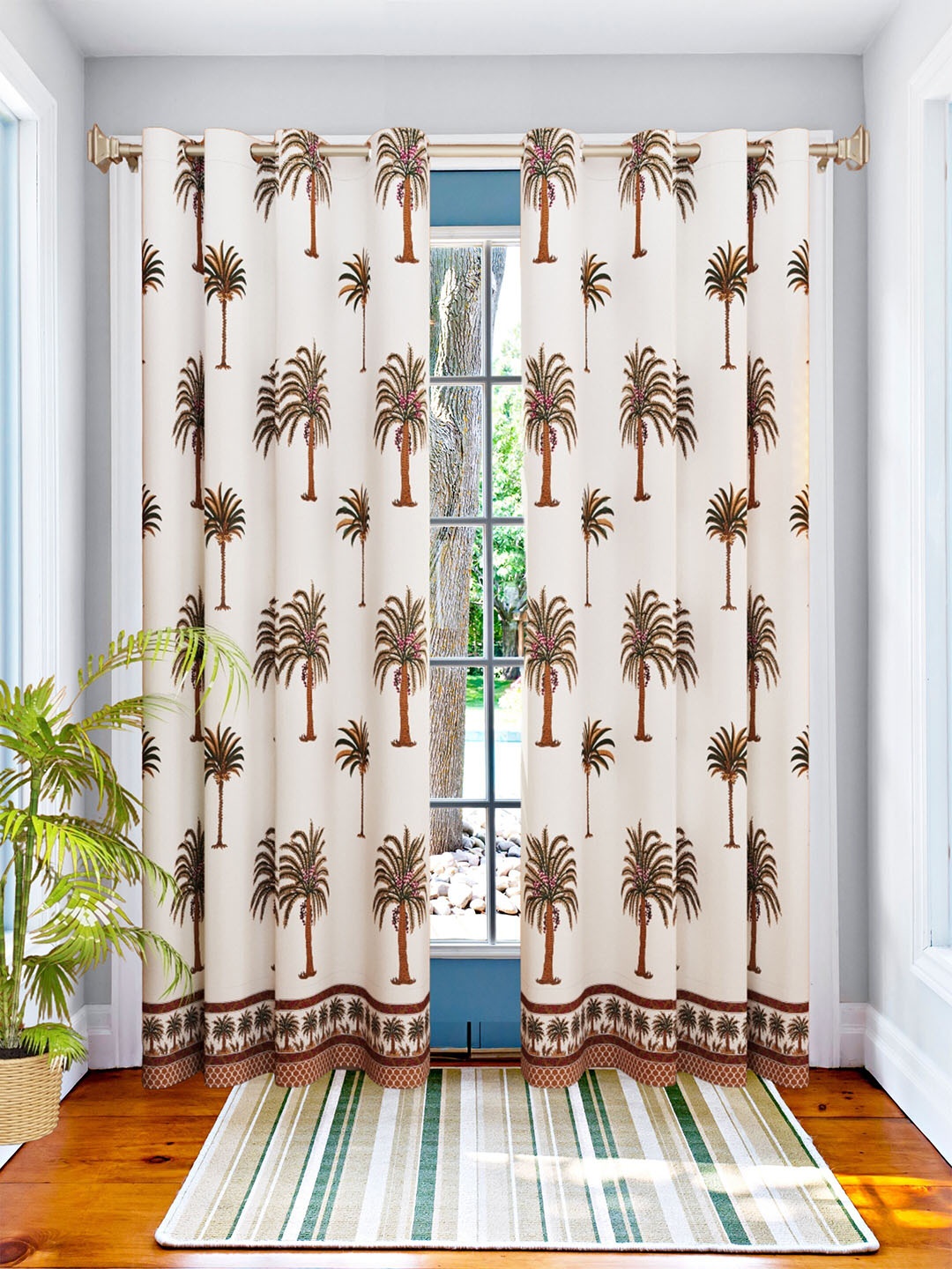 

LIVING ROOTS Green 2 Pieces Tropical Block Printed Elegant Cotton Door Curtains