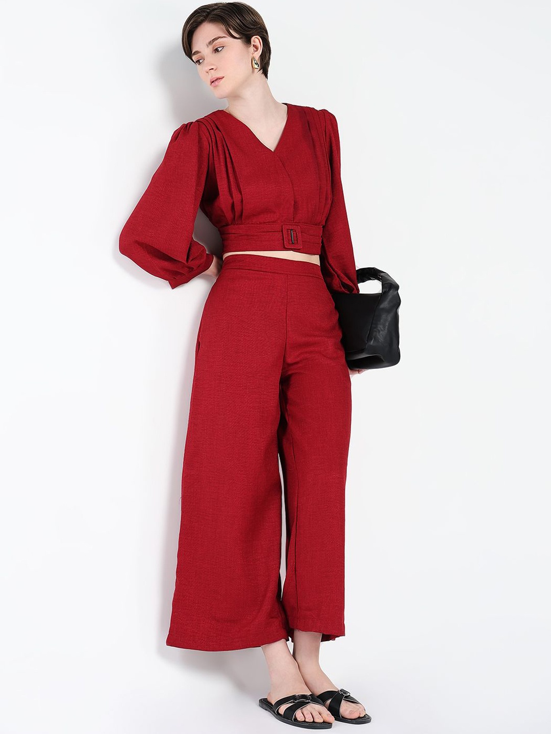 

SHOWOFF V-Neck Cuffed Sleeves Crop Top With Trousers, Red