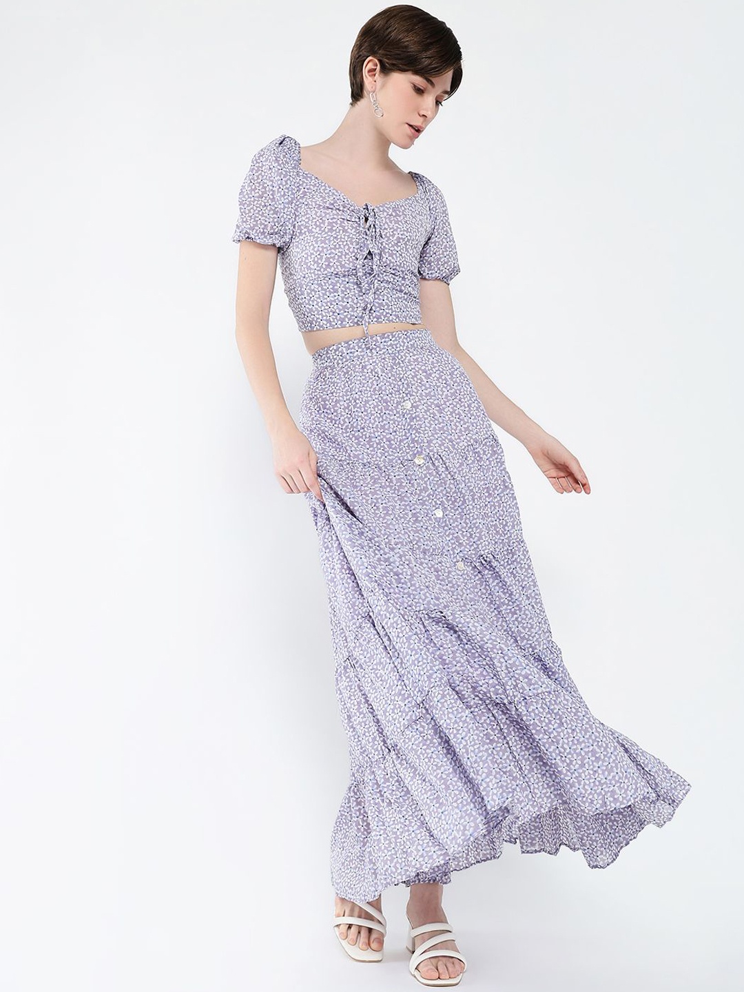 

SHOWOFF Floral Printed Tie-Up Neck Puffed Sleeves Crop Top With Skirt, Purple