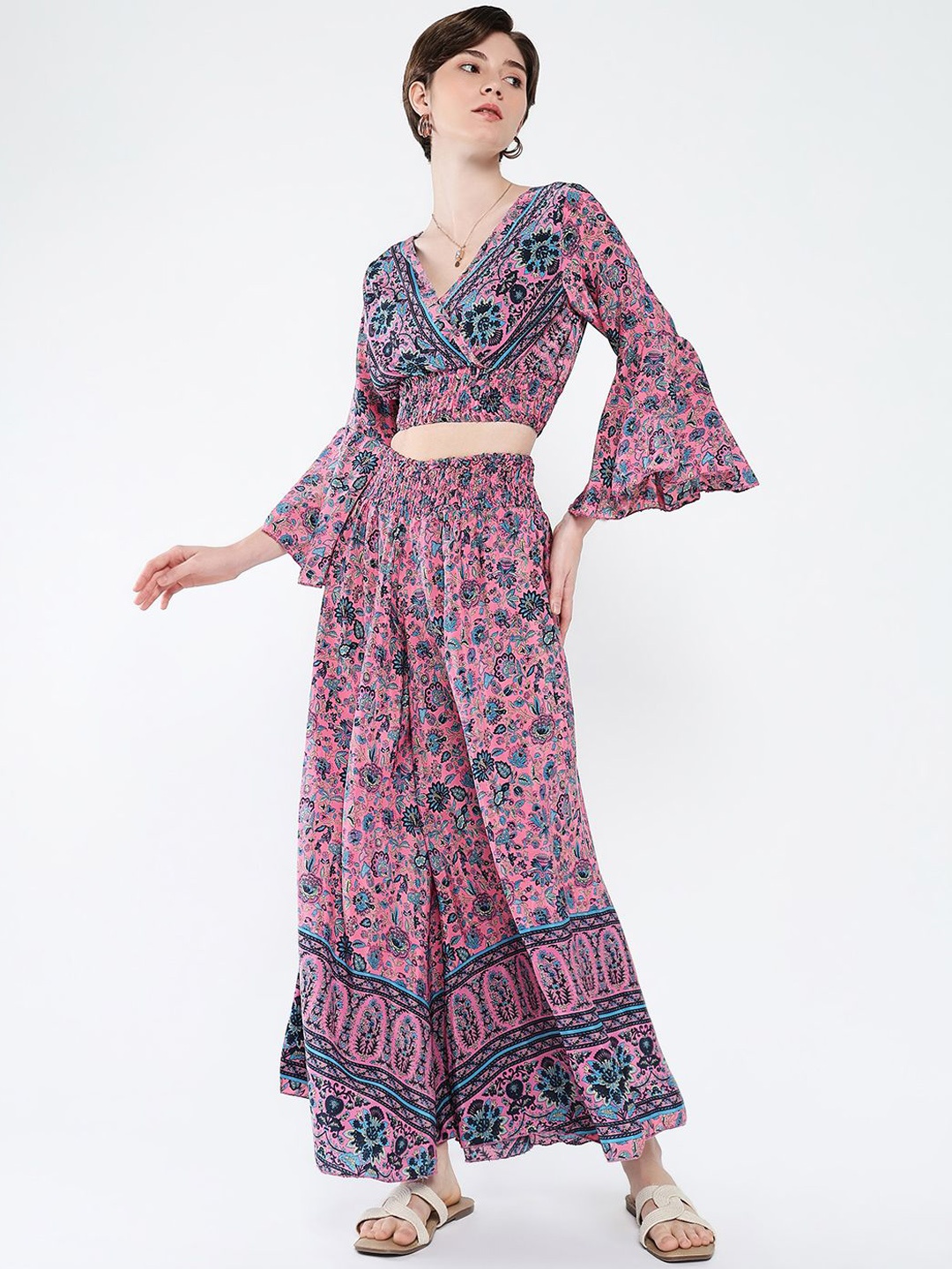 

SHOWOFF Floral Printed V-Neck Flared Sleeves Crop Top With Palazzos, Pink