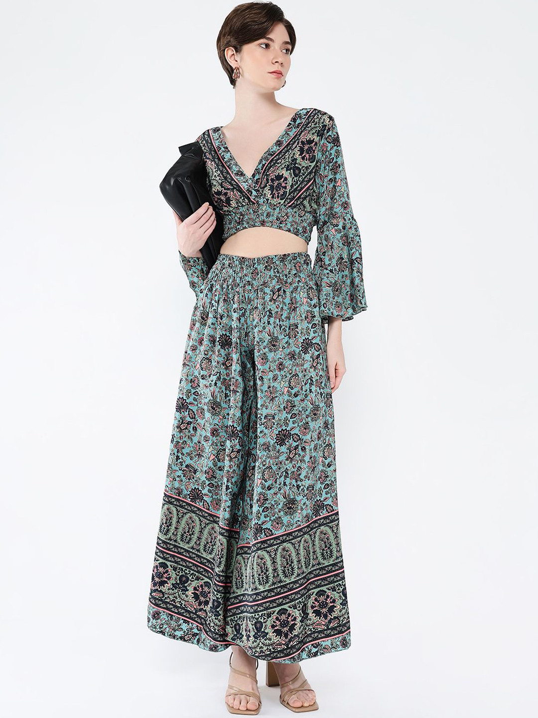 

SHOWOFF Women Printed V-Neck Top With Palazzo Co-Ords Set, Green