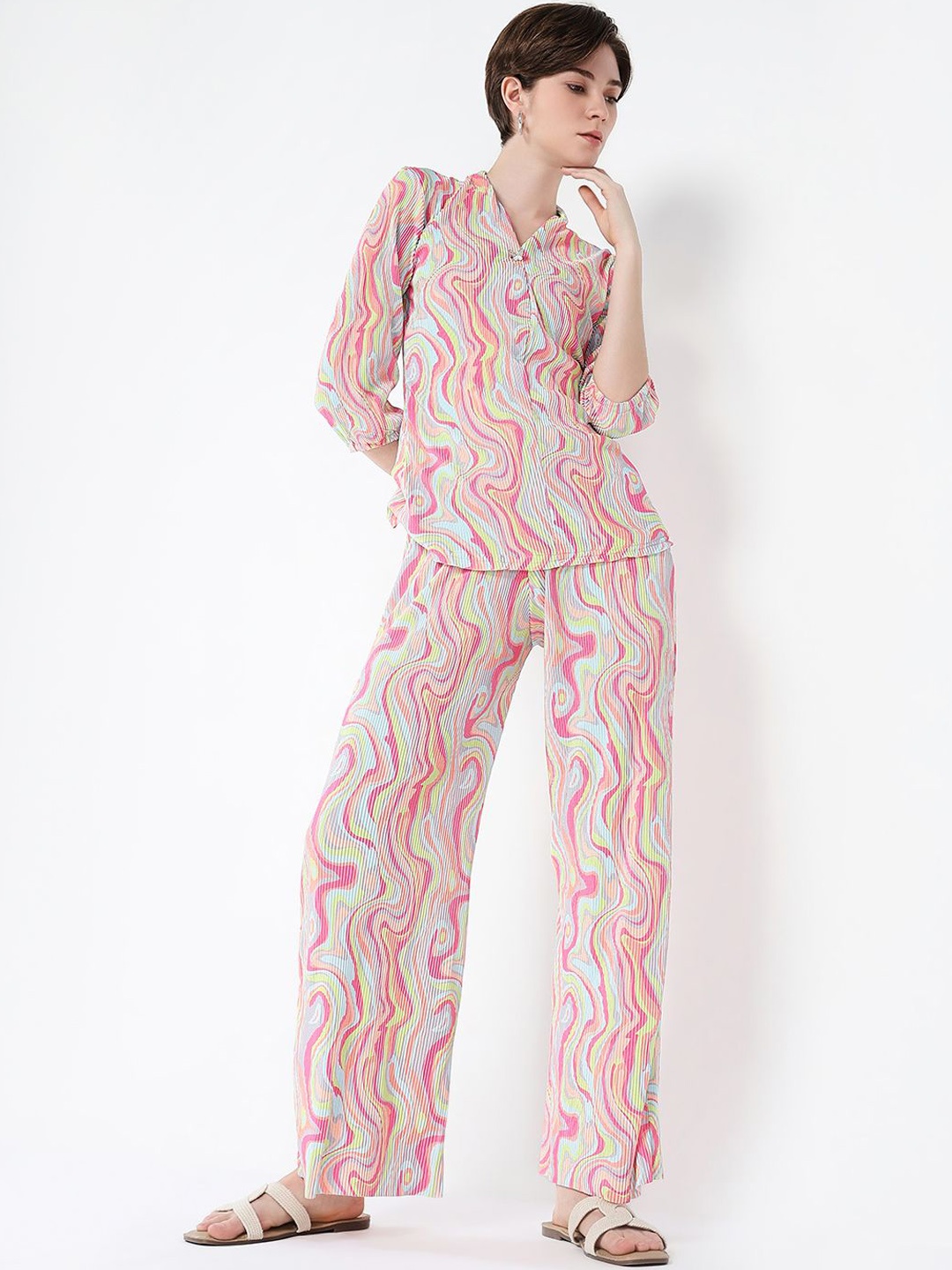 

SHOWOFF Abstract Printed Top With Trousers, Pink