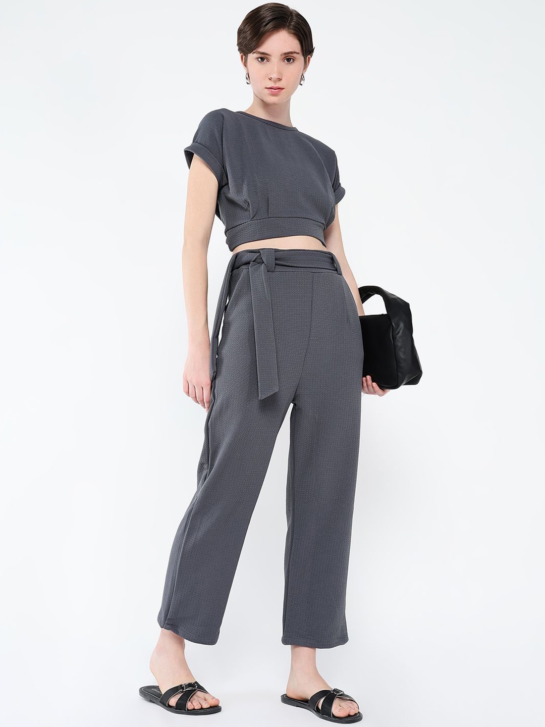 

SHOWOFF Boat Neck Short Sleeves Crop Top With Trousers, Grey