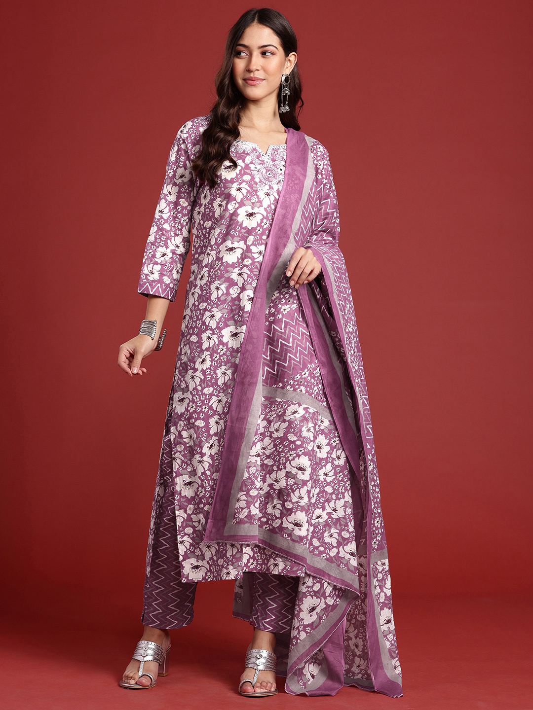 

Anouk Floral Printed Mirror Work Pure Cotton Kurta with Trousers & With Dupatta, Purple