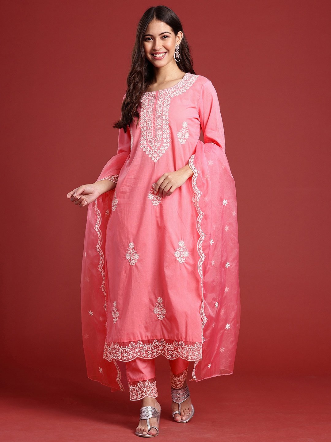 

Anouk Floral Embroidered Thread Work Pure Cotton Kurta with Trousers & With Dupatta, Pink