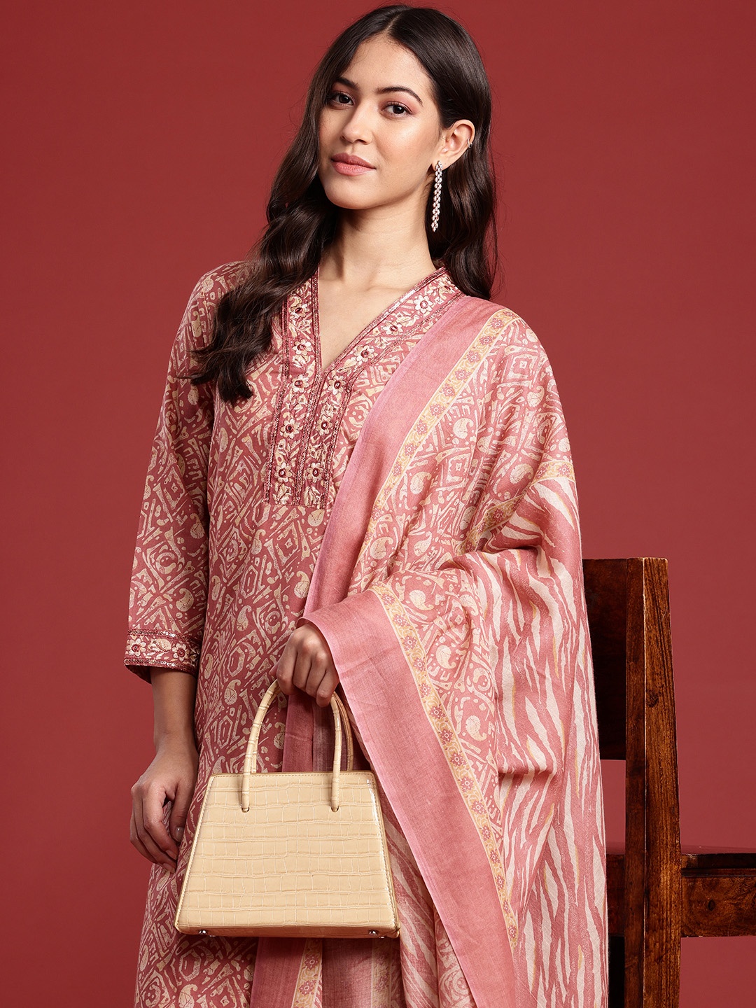 

Anouk Printed Mirror Work Kurta With Trousers & Dupatta, Pink
