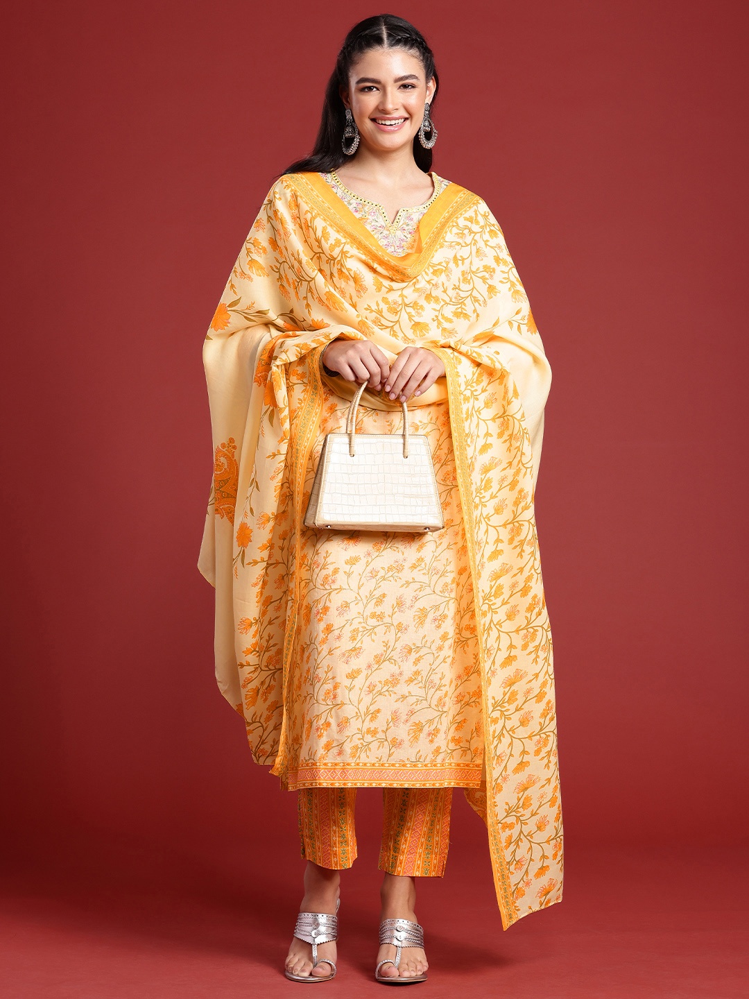 

Anouk Floral Printed Mirror Work Pure Cotton Kurta with Trousers & With Dupatta, Yellow