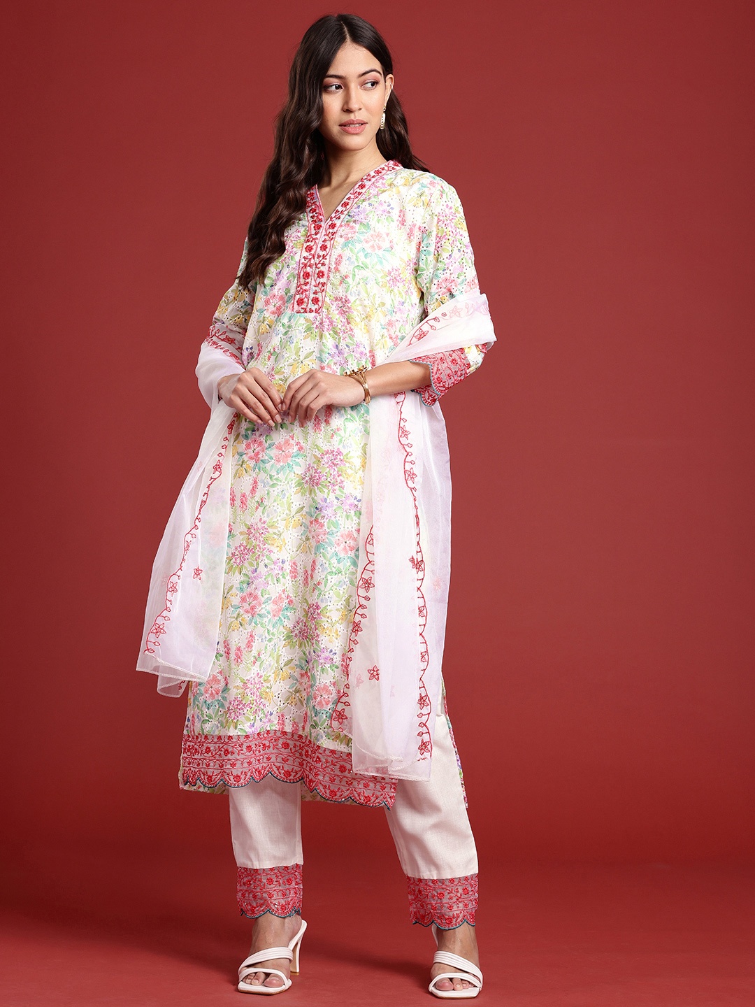 

Anouk Floral Printed Sequinned Pure Cotton Kurta With Trousers & Dupatta, White