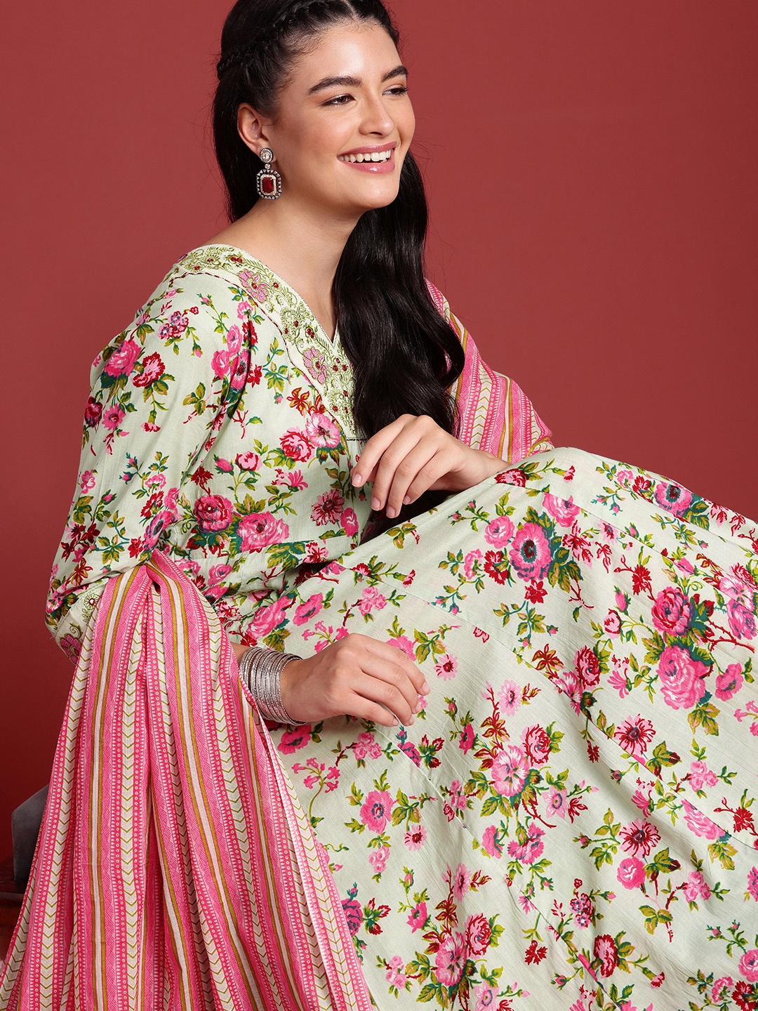 

Anouk Floral Printed Pleated Mirror Work Pure Cotton Kurta With Trousers & Dupatta, Pink