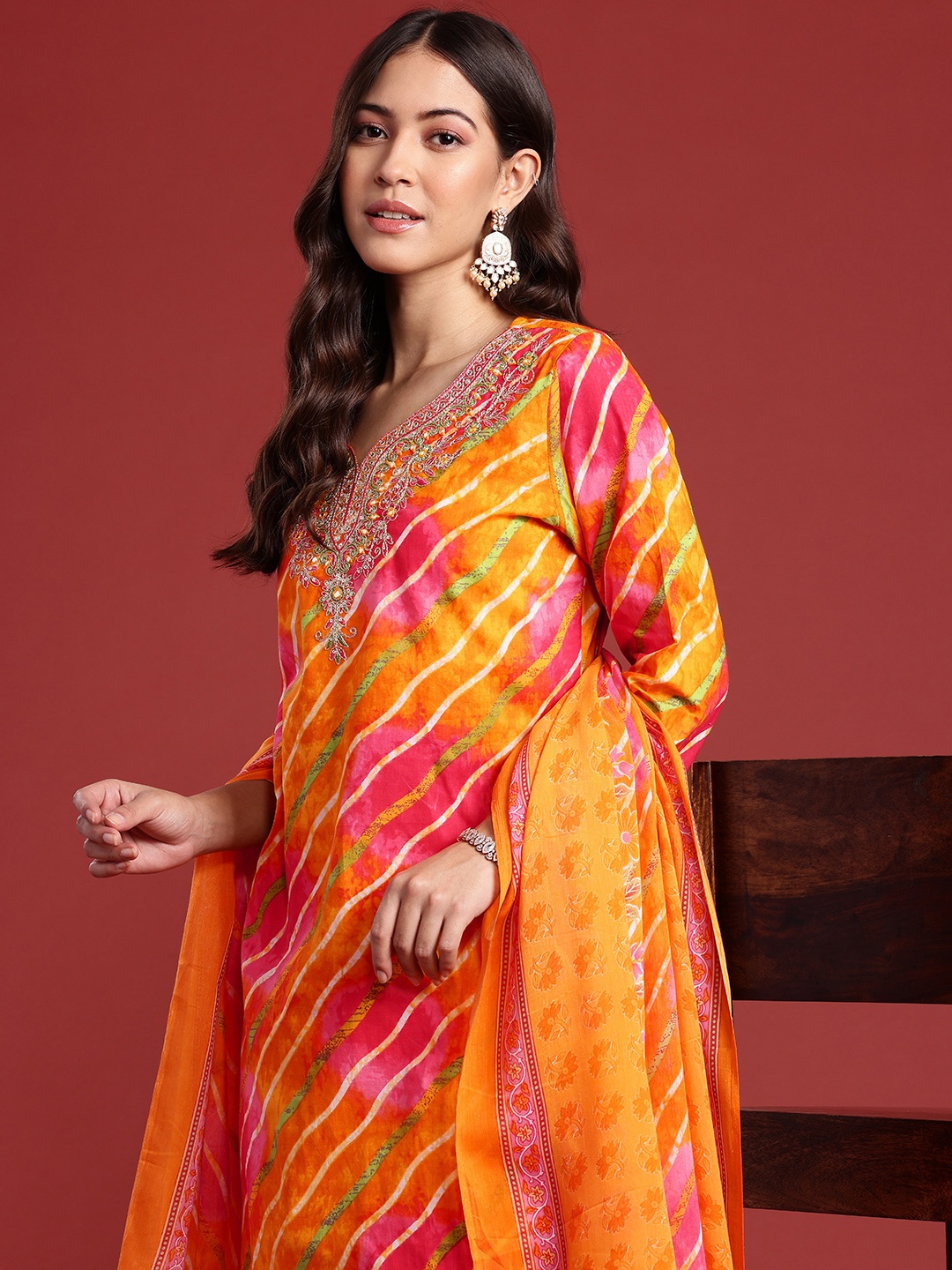 

Anouk Floral Printed Sequinned Pure Cotton Kurta with Trousers & With Dupatta, Yellow