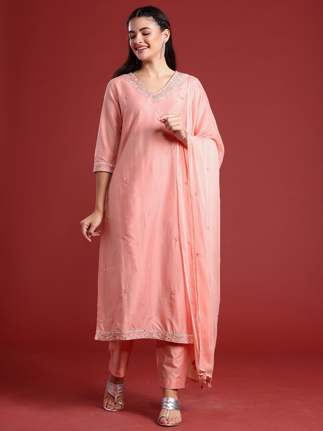

Anouk Floral Embroidered Mirror Work Kurta With Trousers & Dupatta, Peach