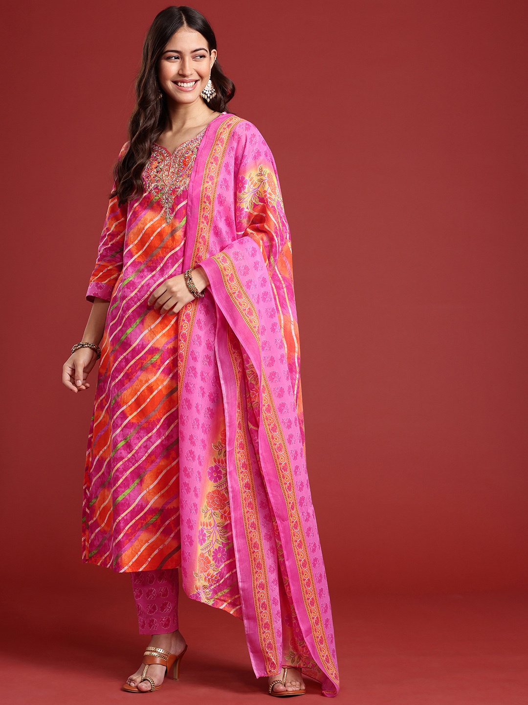 

Anouk Striped Sequinned Pure Cotton Kurta With Trousers & Dupatta, Pink