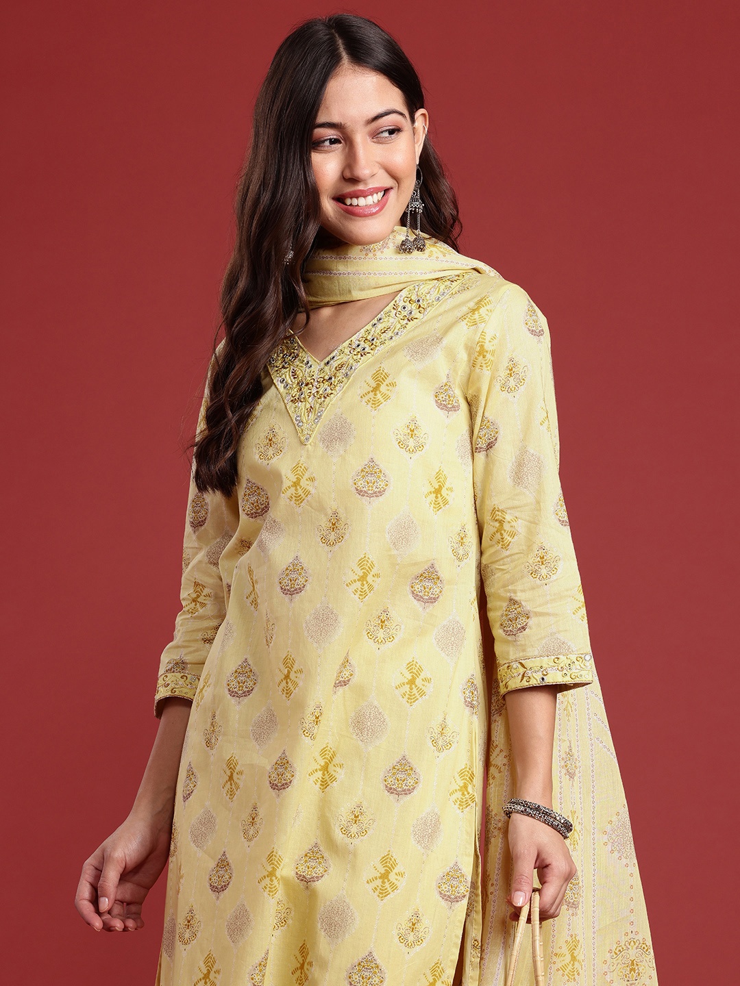 

Anouk Printed Sequinned Pure Cotton Kurta with Trousers & With Dupatta, Yellow