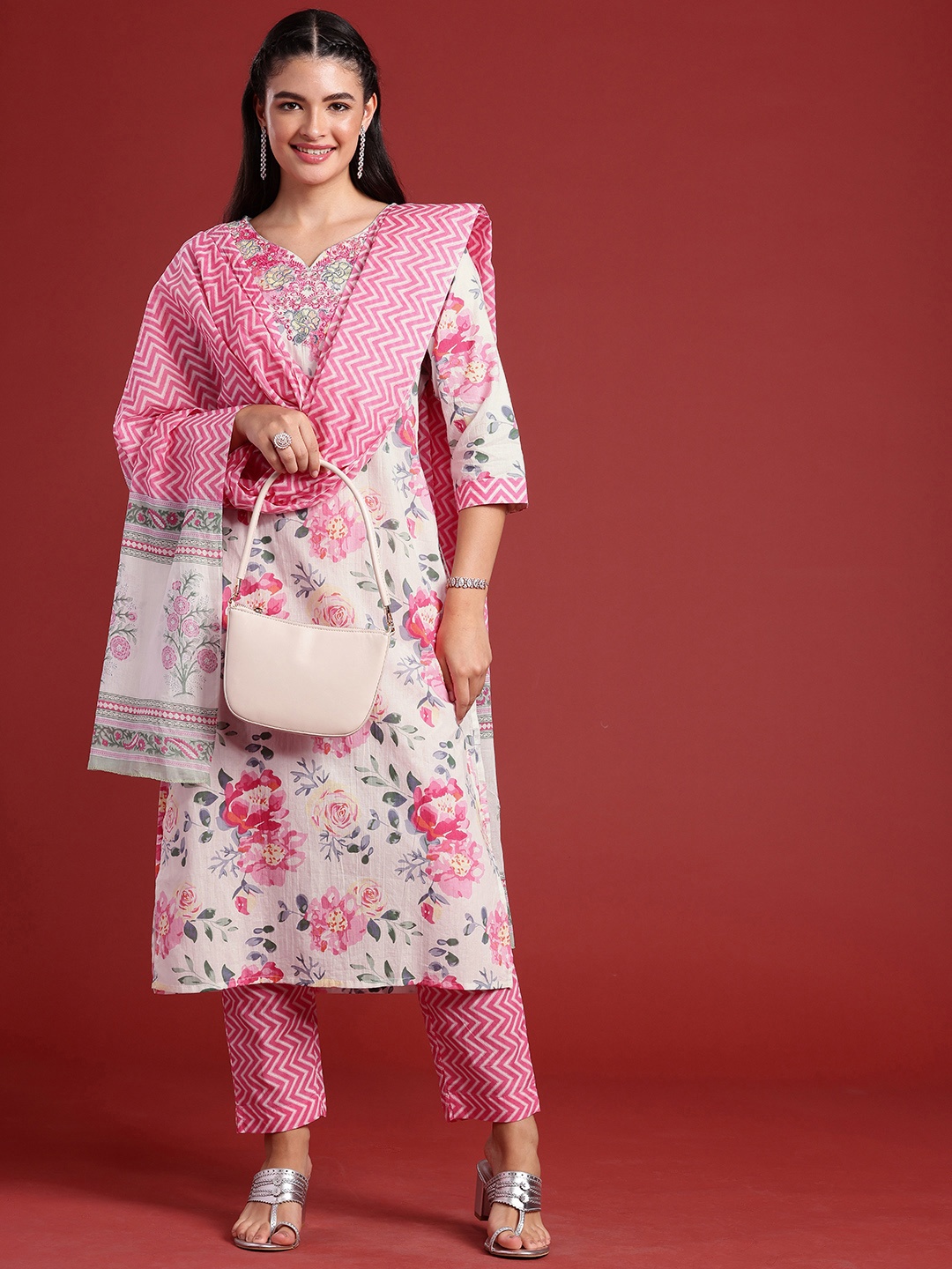 

Anouk Floral Printed Mirror Work Pure Cotton Kurta with Trousers & With Dupatta, Pink