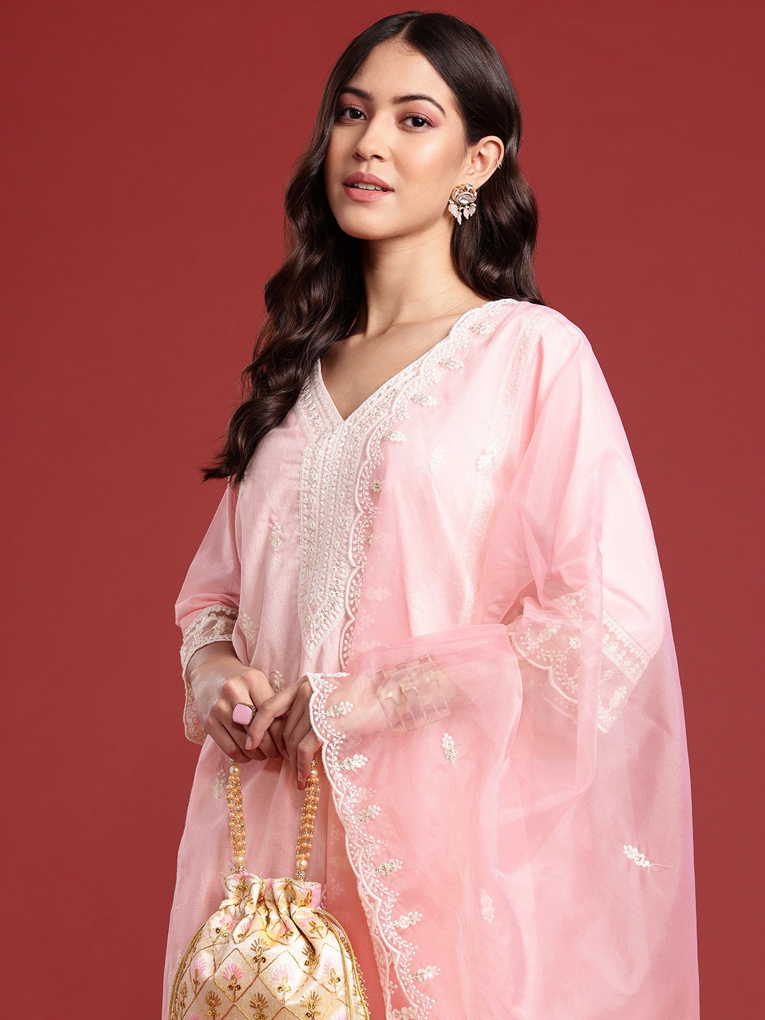 

Anouk Ethnic Motifs Printed Panelled Sequinned Pure Cotton Kurta With Trousers & Dupatta, Peach