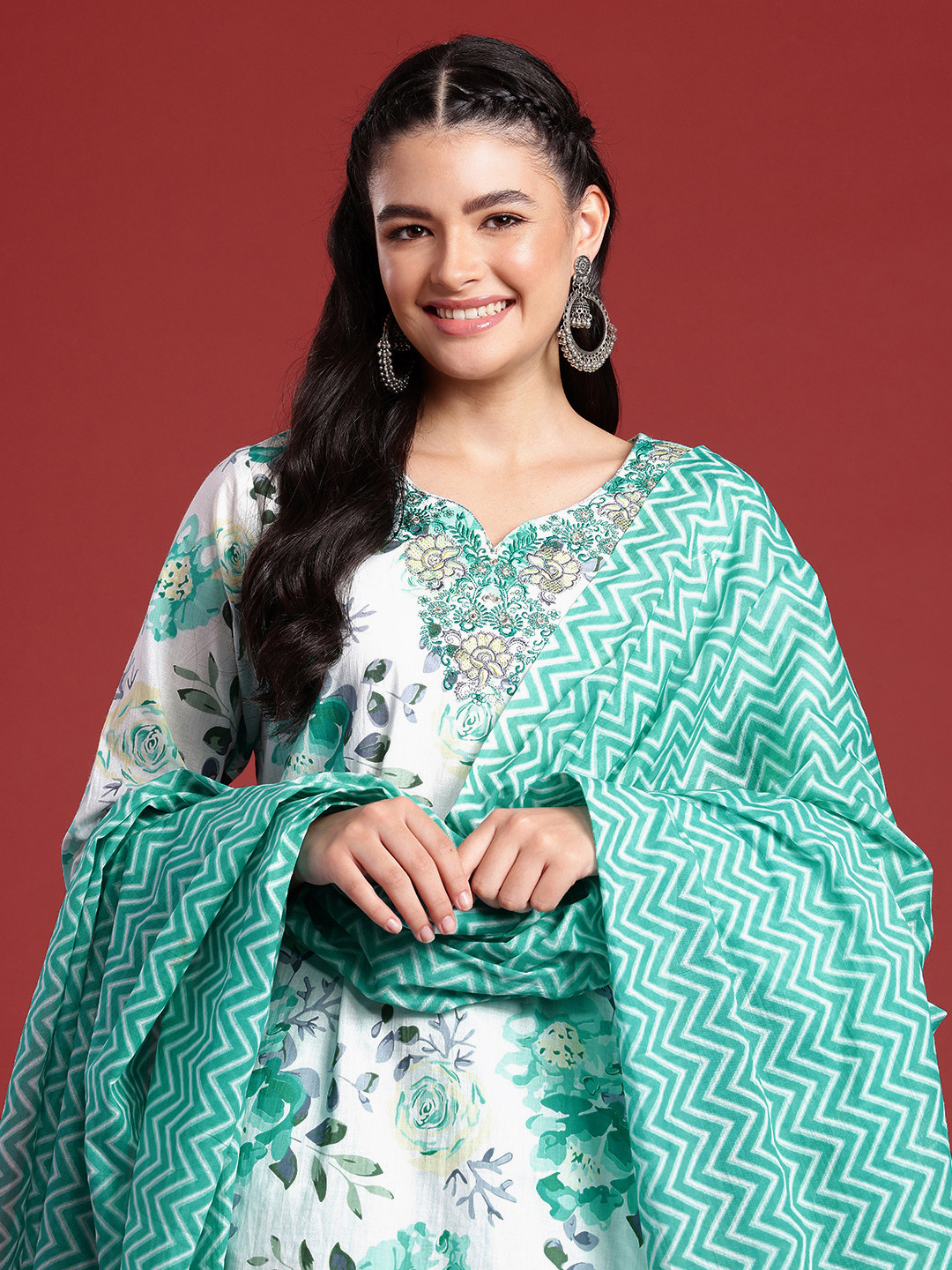 

Anouk Floral Printed Mirror Work Pure Cotton Kurta with Trousers & With Dupatta, Turquoise blue