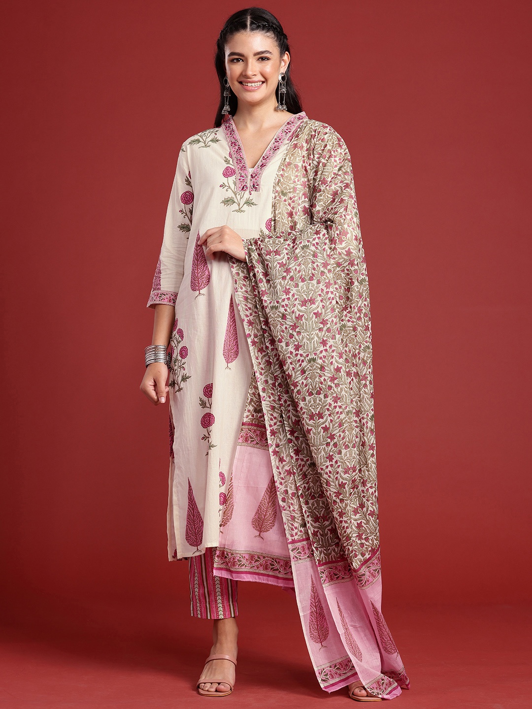 

Anouk Floral Printed Mirror Work Pure Cotton Kurta with Trousers & With Dupatta, Pink