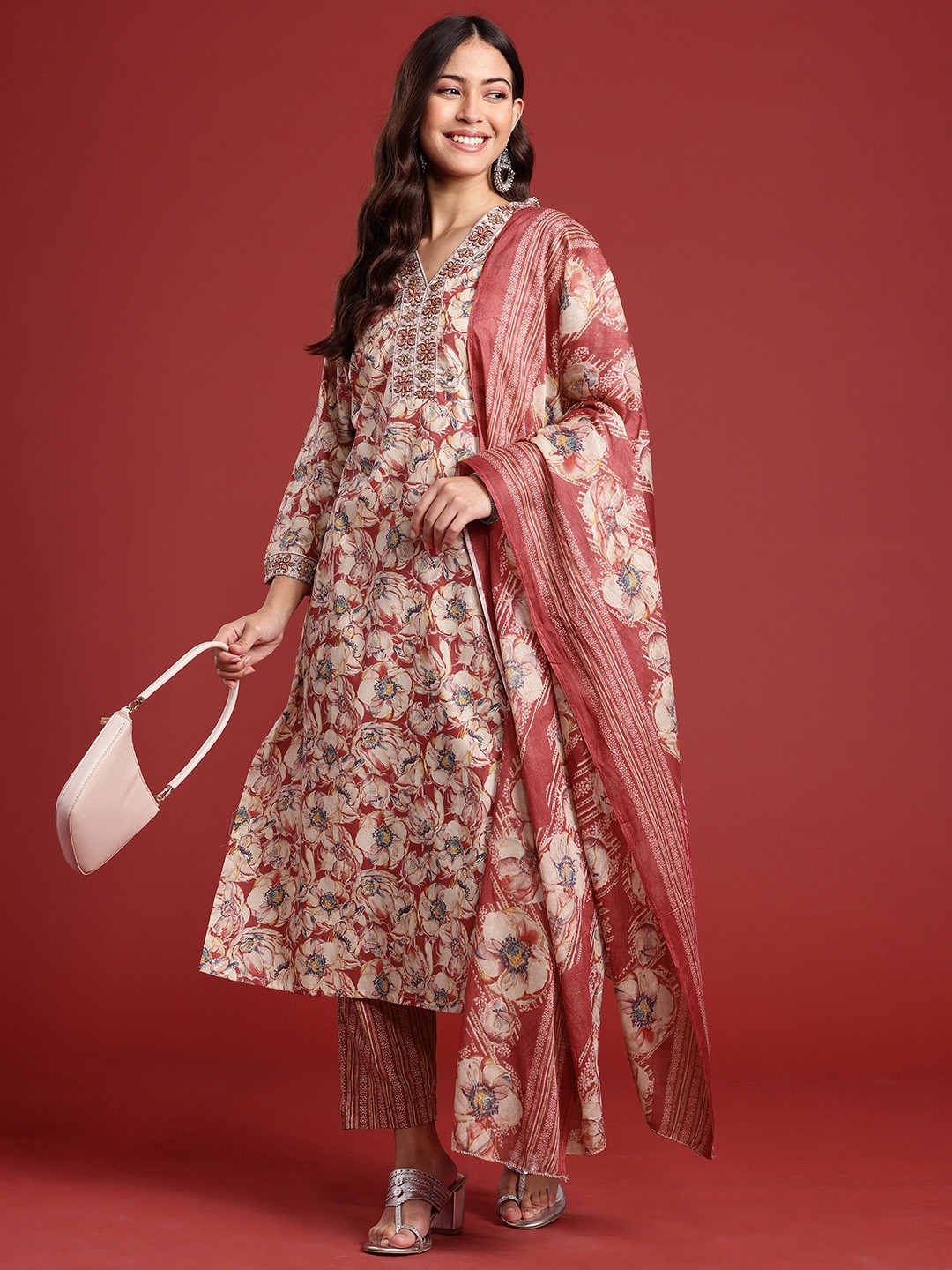 

Anouk Floral Printed Mirror Work Pure Cotton Kurta with Trousers & With Dupatta, Red