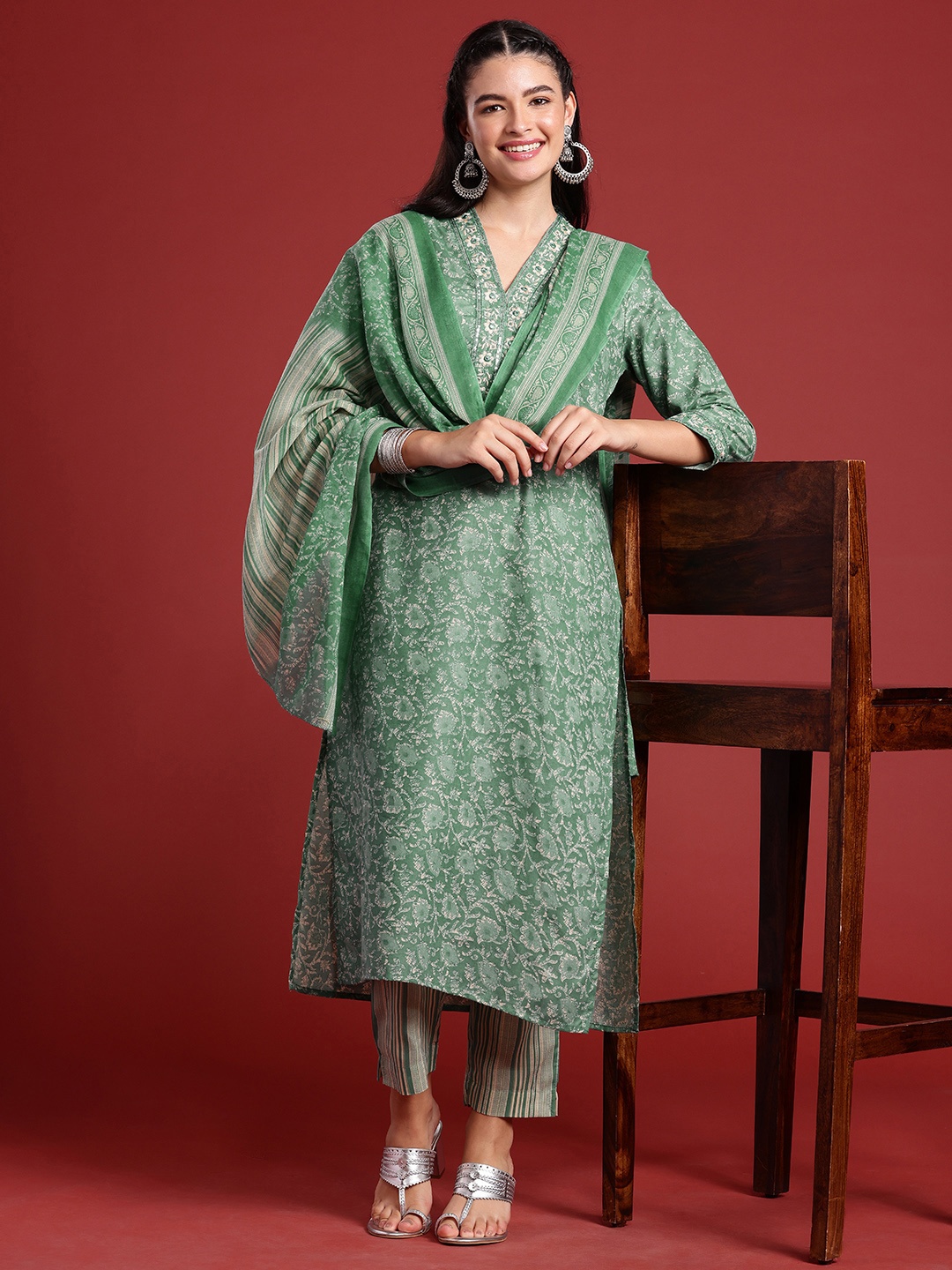 

Anouk Floral Printed Mirror Work Kurta with Trousers & With Dupatta, Green