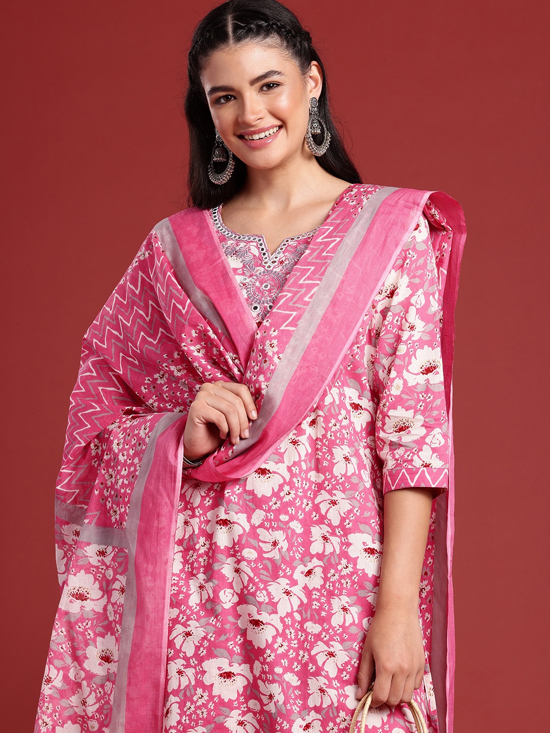 

Anouk Floral Printed Mirror Work Pure Cotton Kurta with Trousers & With Dupatta, Pink