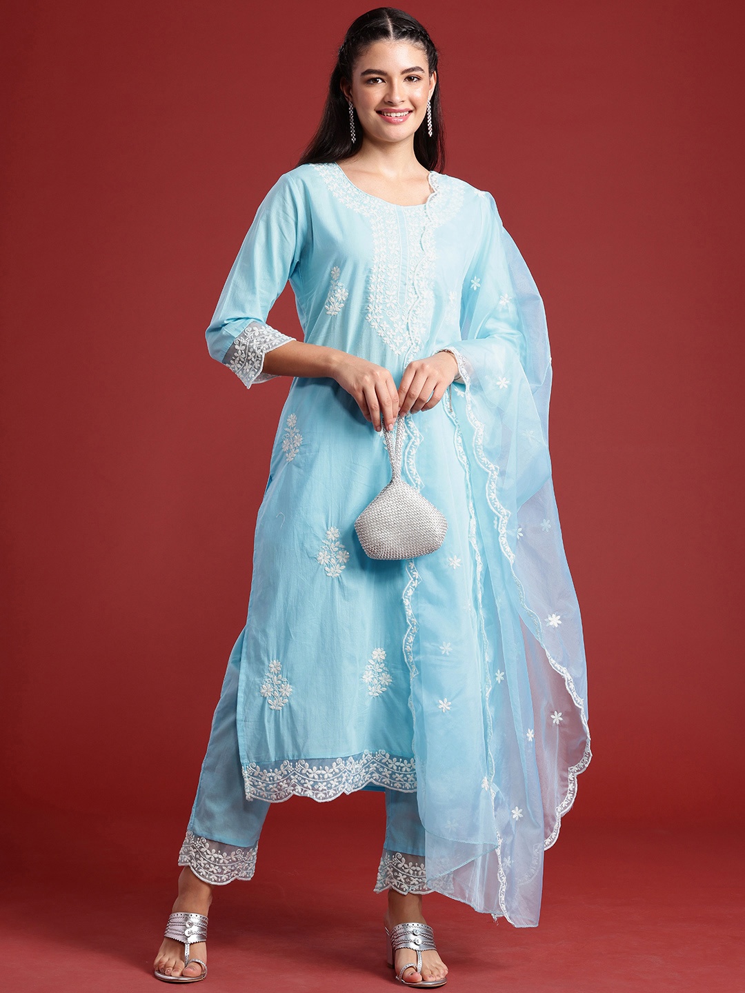 

Anouk Floral Embroidered Thread Work Pure Cotton Kurta with Trousers & With Dupatta, Turquoise blue