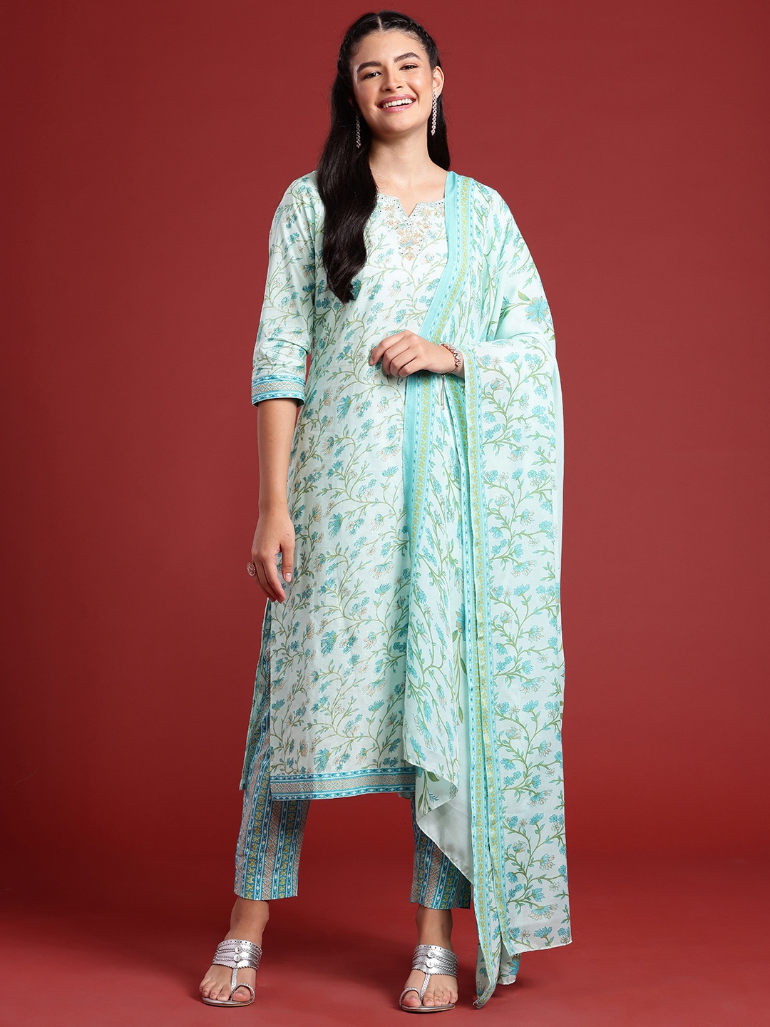 

Anouk Floral Printed Mirror Work Pure Cotton Kurta with Trousers & With Dupatta, Blue