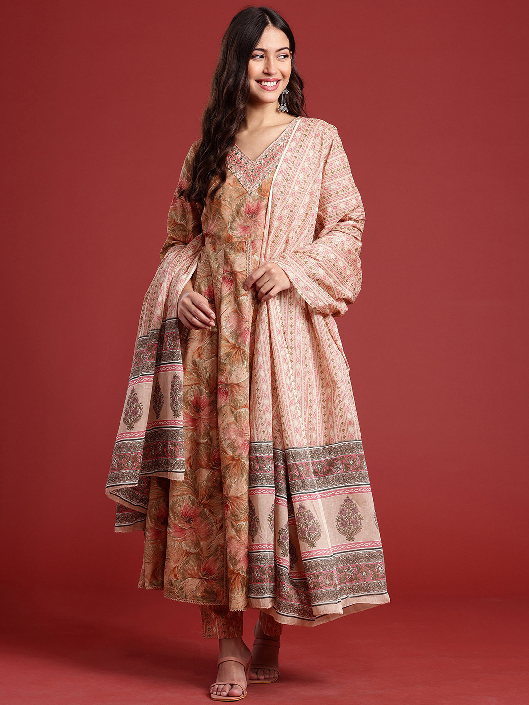 

Anouk Floral Printed Pleated Mirror Work Pure Cotton Kurta with Trousers & With Dupatta, Orange