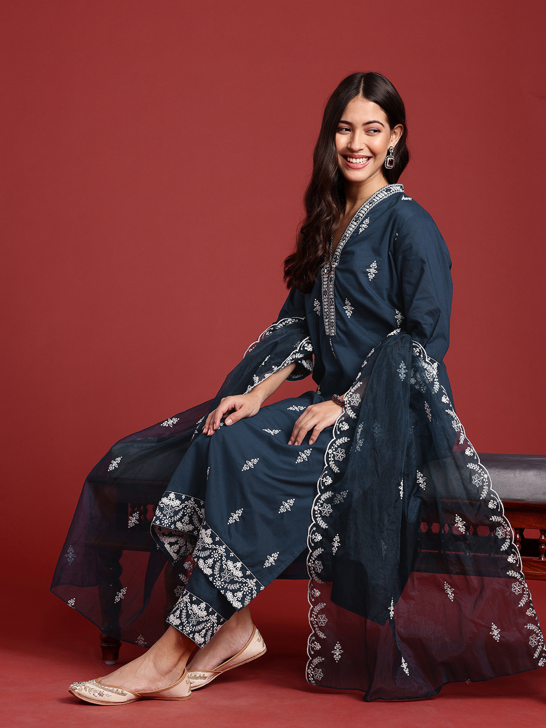 

Anouk Ethnic Motifs Printed Mirror Work Pure Cotton Kurta with Trousers & With Dupatta, Navy blue