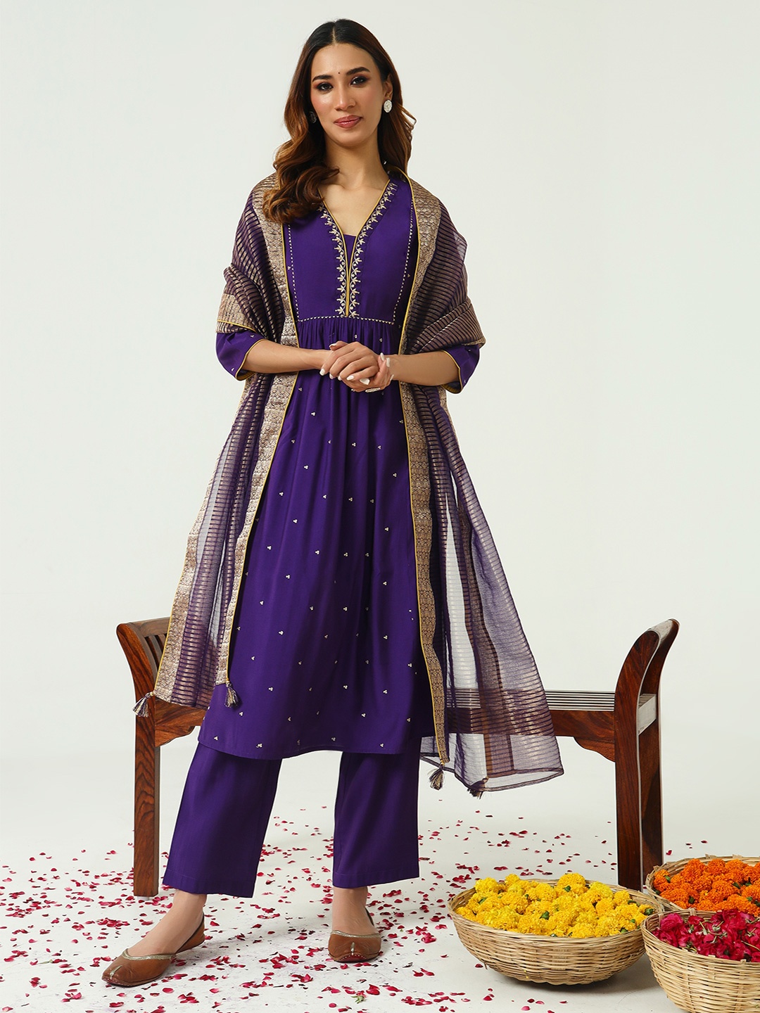 

FIORRA Floral Embroidered Zari Work Chanderi Cotton A-Line Kurta with Trousers & Dupatta, Purple