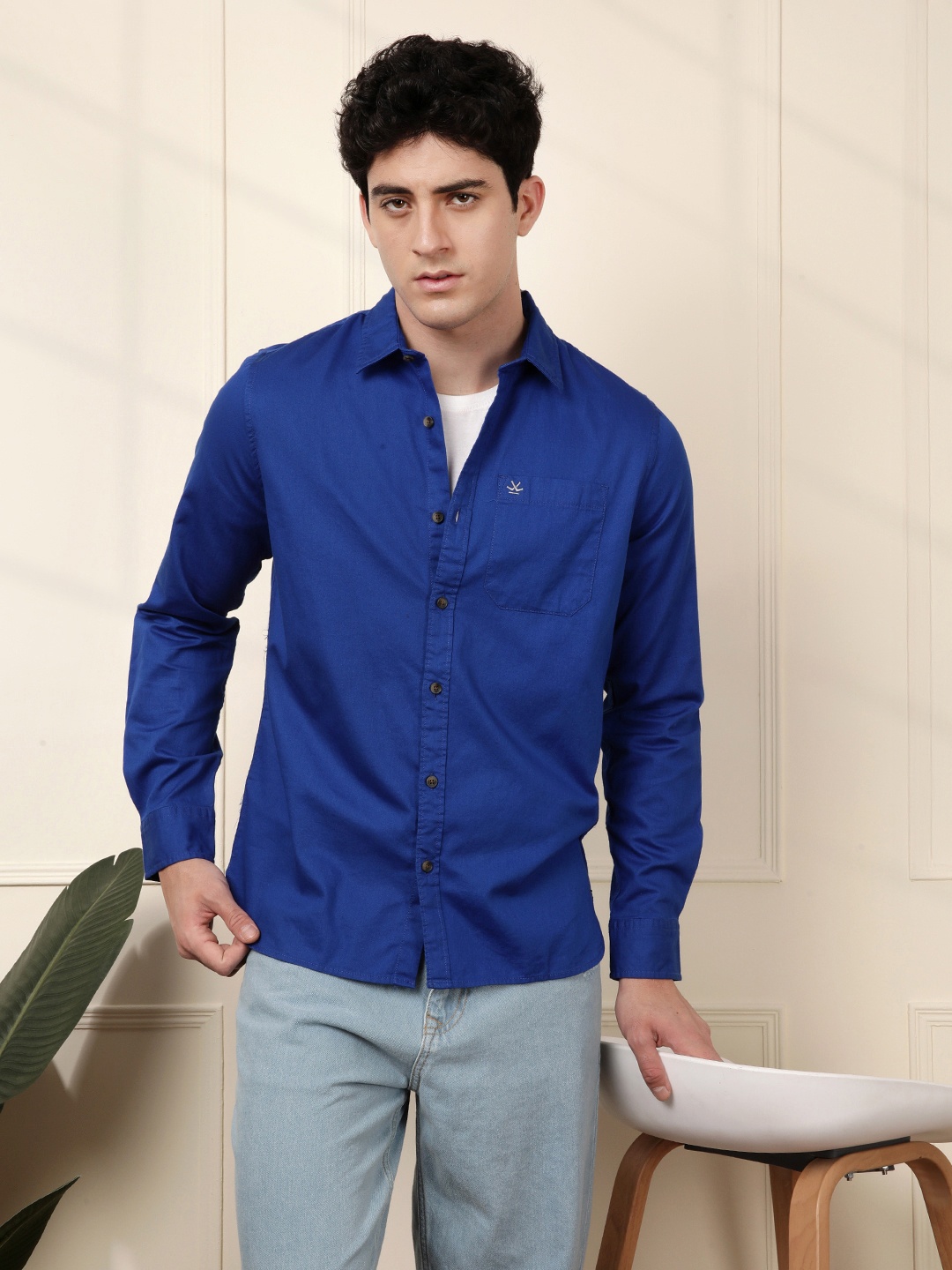 

WROGN Men Spread Collar Solid Cotton Casual Shirt, Blue