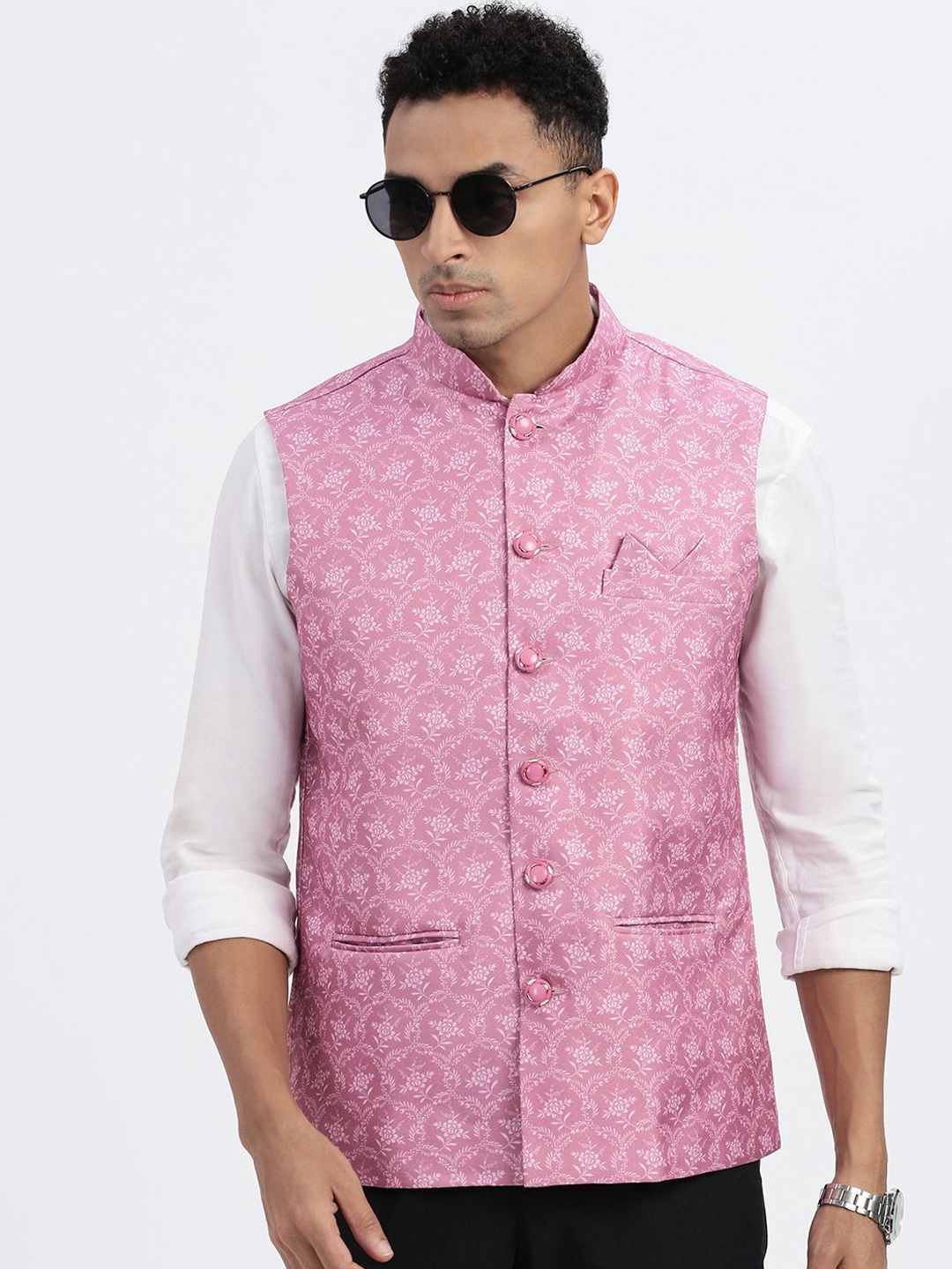 

SHOWOFF Men Floral Printed Nehru Jackets, Pink