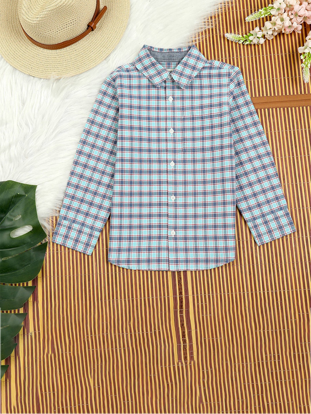 

The Lion and The Fish Boys Comfort Spread Collar Checked Cotton Relaxed Fit Casual Shirt, Blue