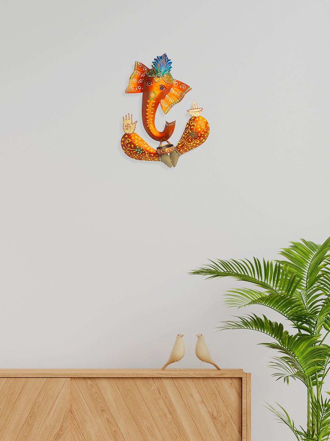 

Golden Peacock Orange & Red Printed Ganesh Shape Hanging Wall Decor