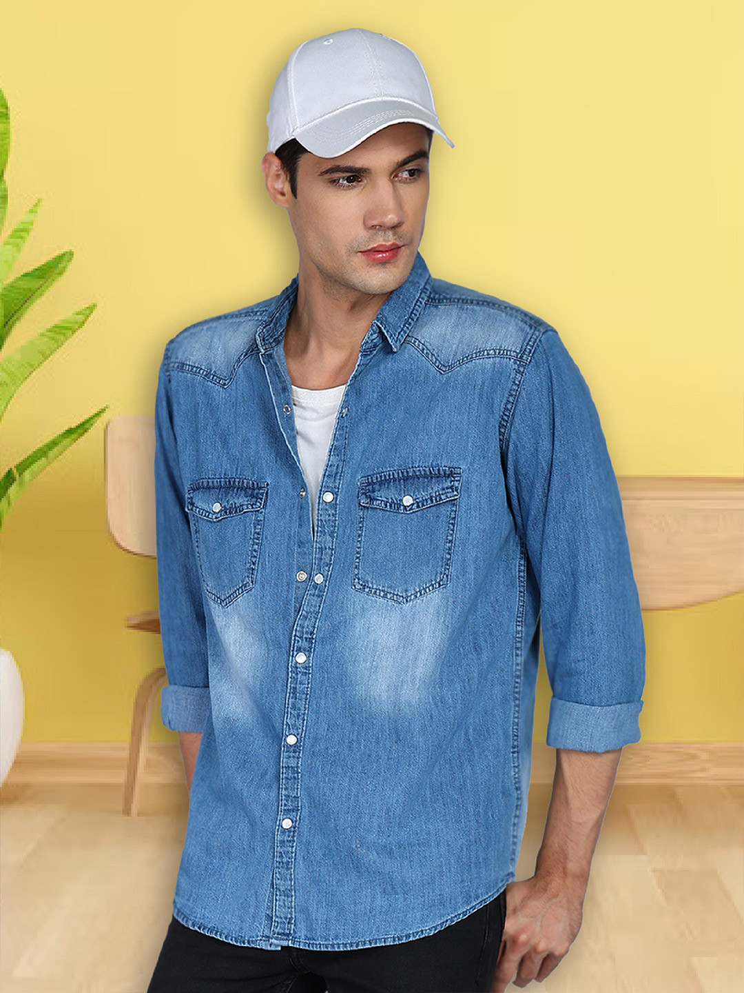 

Kuons Avenue Men Smart Spread Collar Solid Denim Slim Fit Casual Shirt, Blue