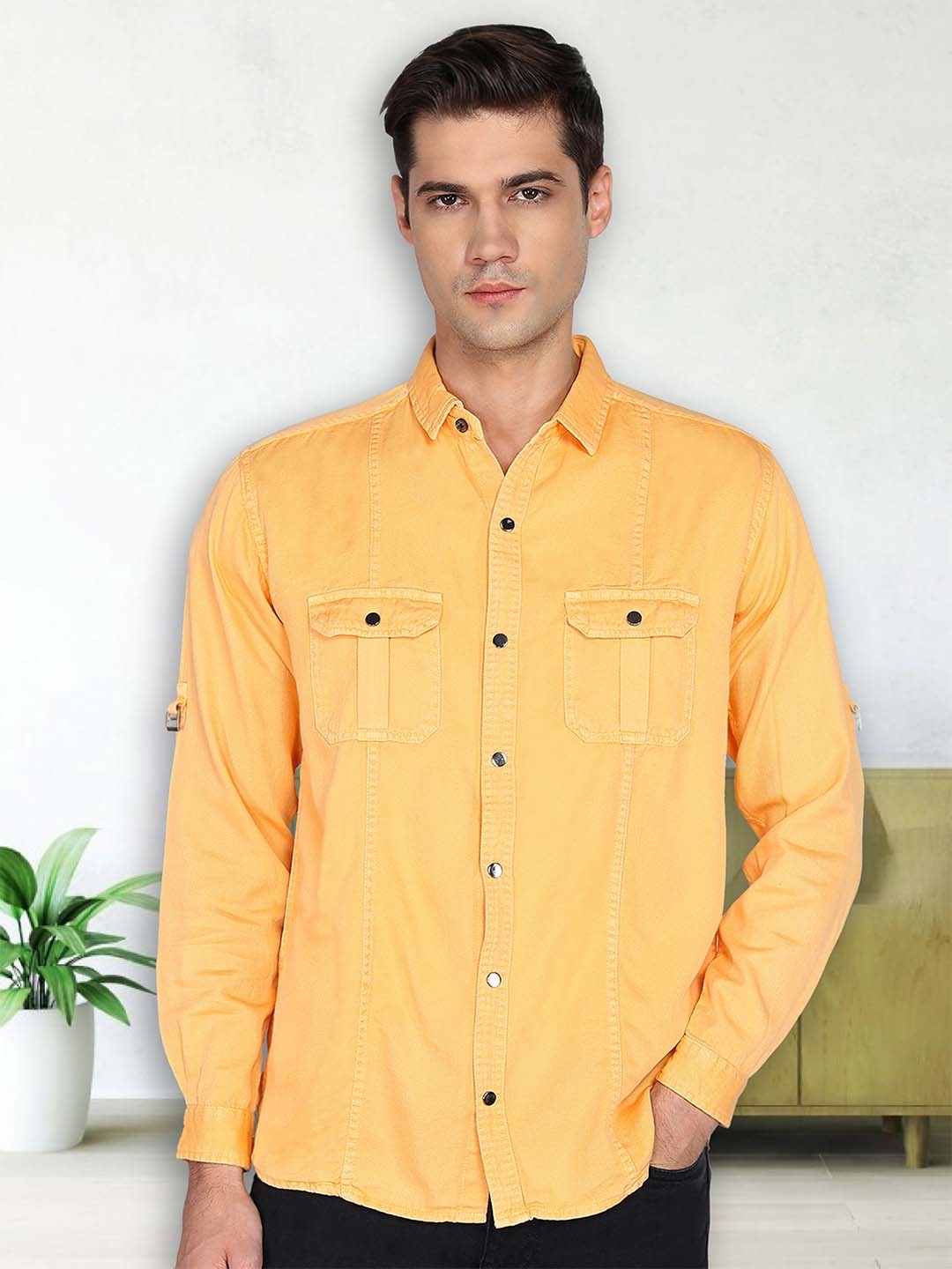 

Kuons Avenue Men Smart Spread Collar Solid Cotton Slim Fit Casual Shirt, Orange