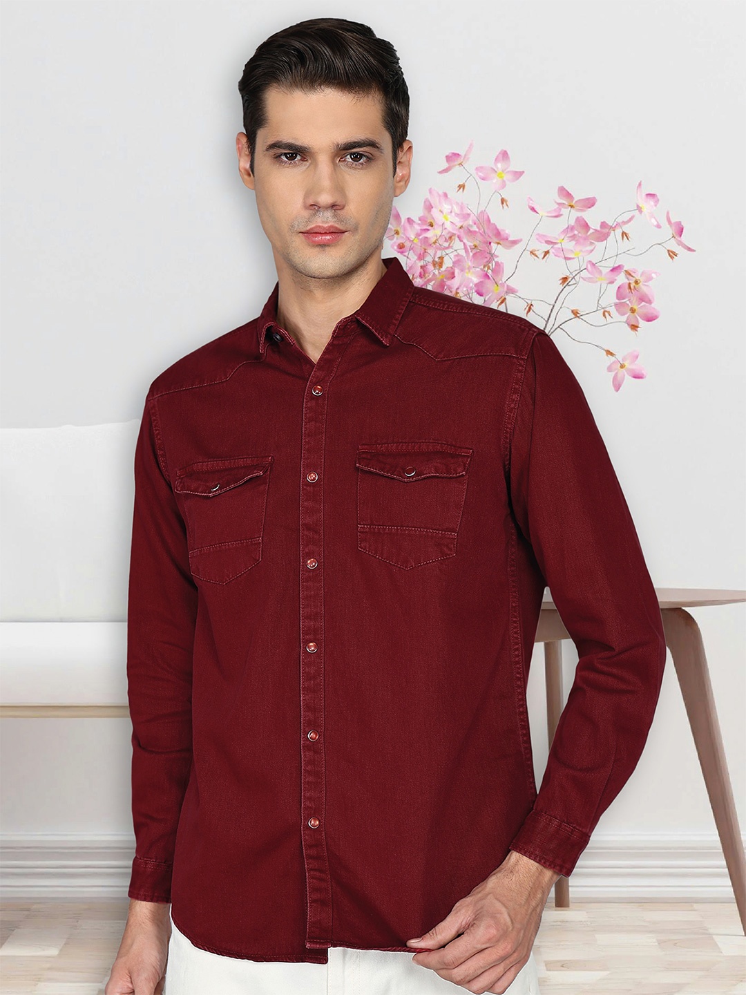 

Kuons Avenue Men Smart Spread Collar Solid Denim Slim Fit Casual Shirt, Maroon