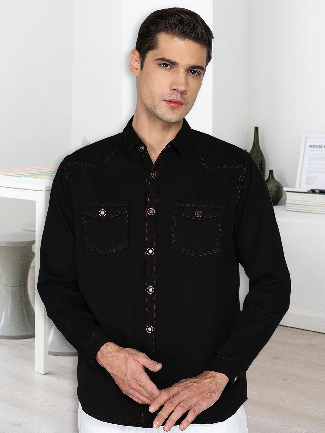 

Kuons Avenue Men Smart Spread Collar Solid Cotton Slim Fit Casual Shirt, Black