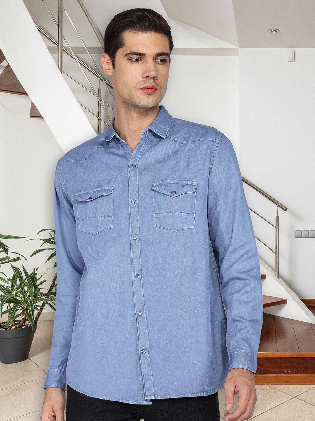 

Kuons Avenue Men Smart Spread Collar Solid Cotton Slim Fit Casual Shirt, Blue