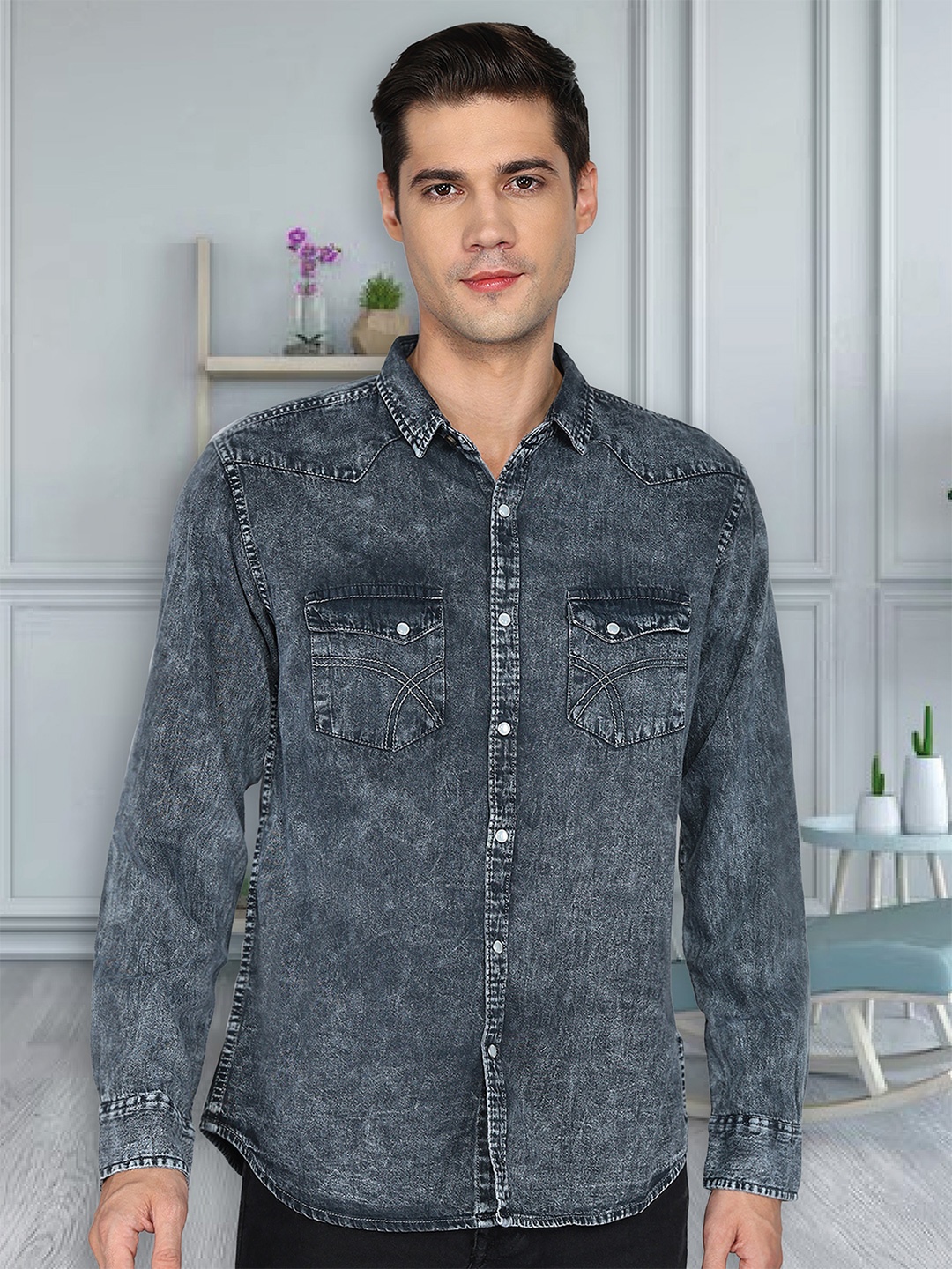 

Kuons Avenue Men Smart Spread Collar Solid Denim Slim Fit Casual Shirt, Grey
