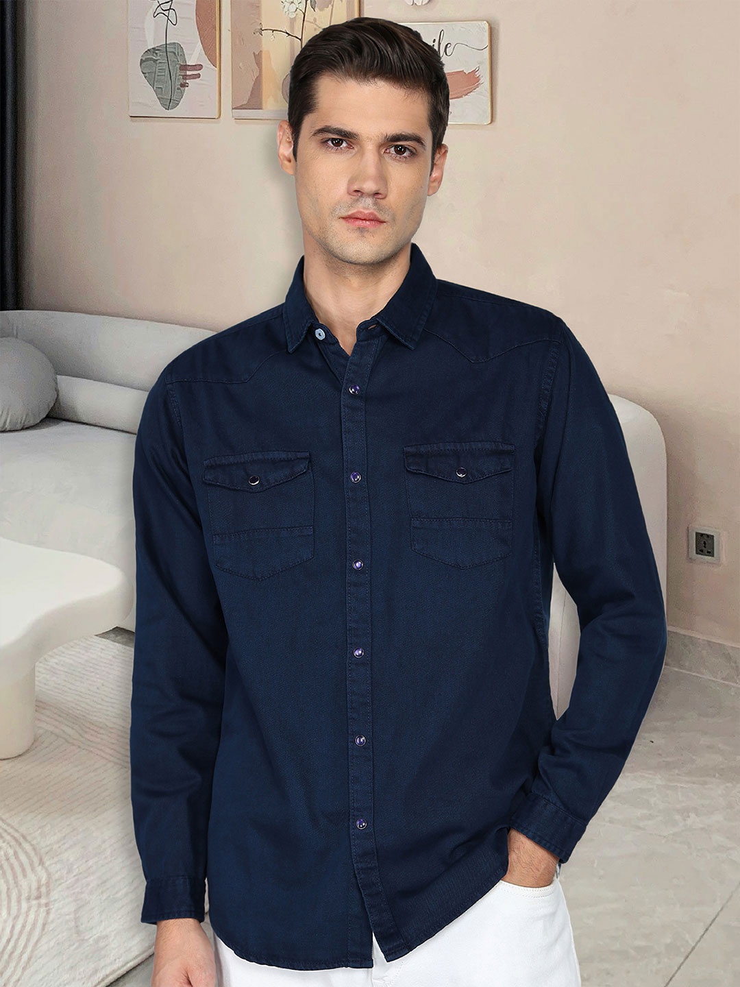 

Kuons Avenue Men Smart Spread Collar Solid Denim Slim Fit Casual Shirt, Navy blue