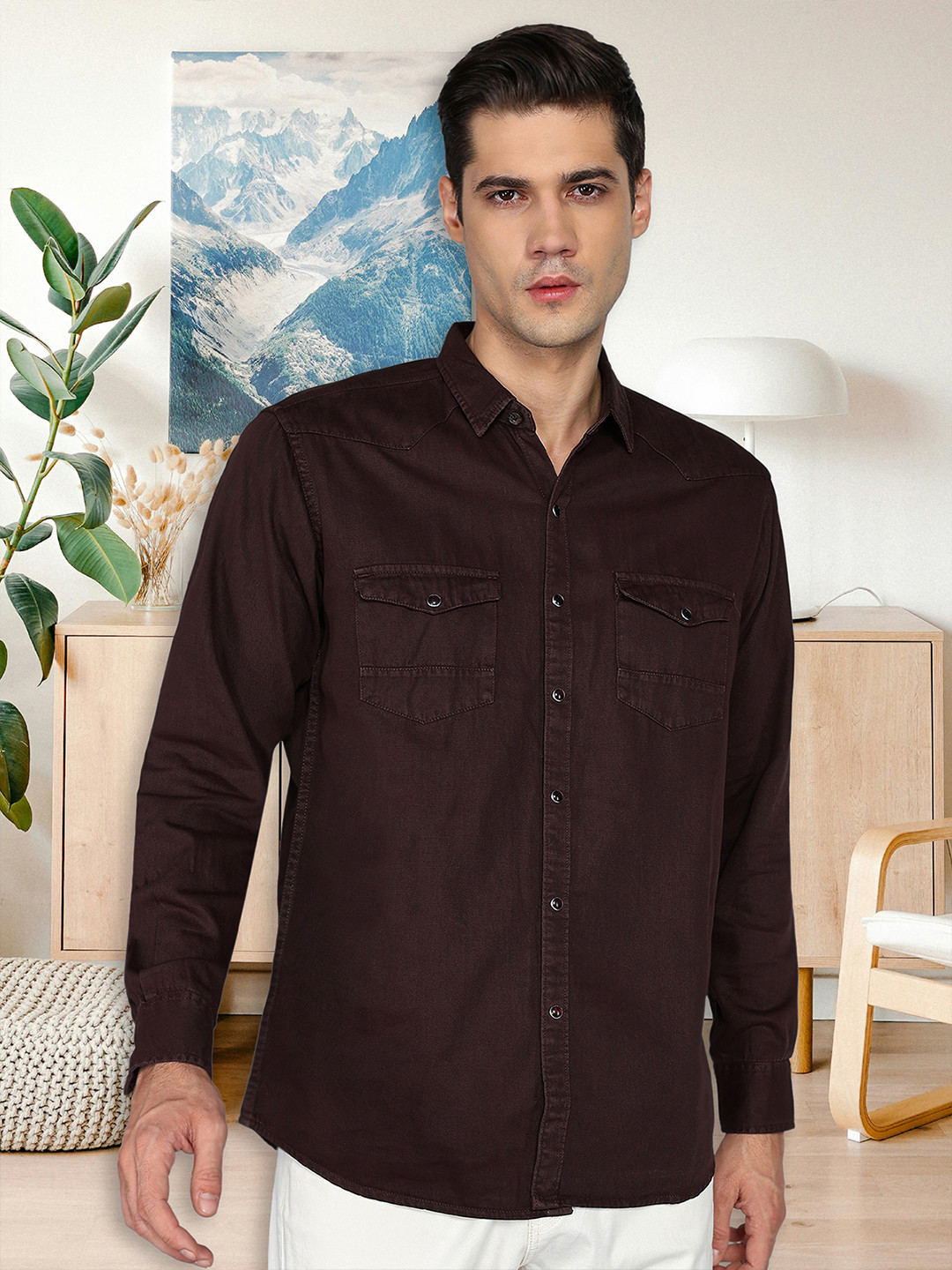 

Kuons Avenue Men Smart Spread Collar Solid Denim Slim Fit Casual Shirt, Brown