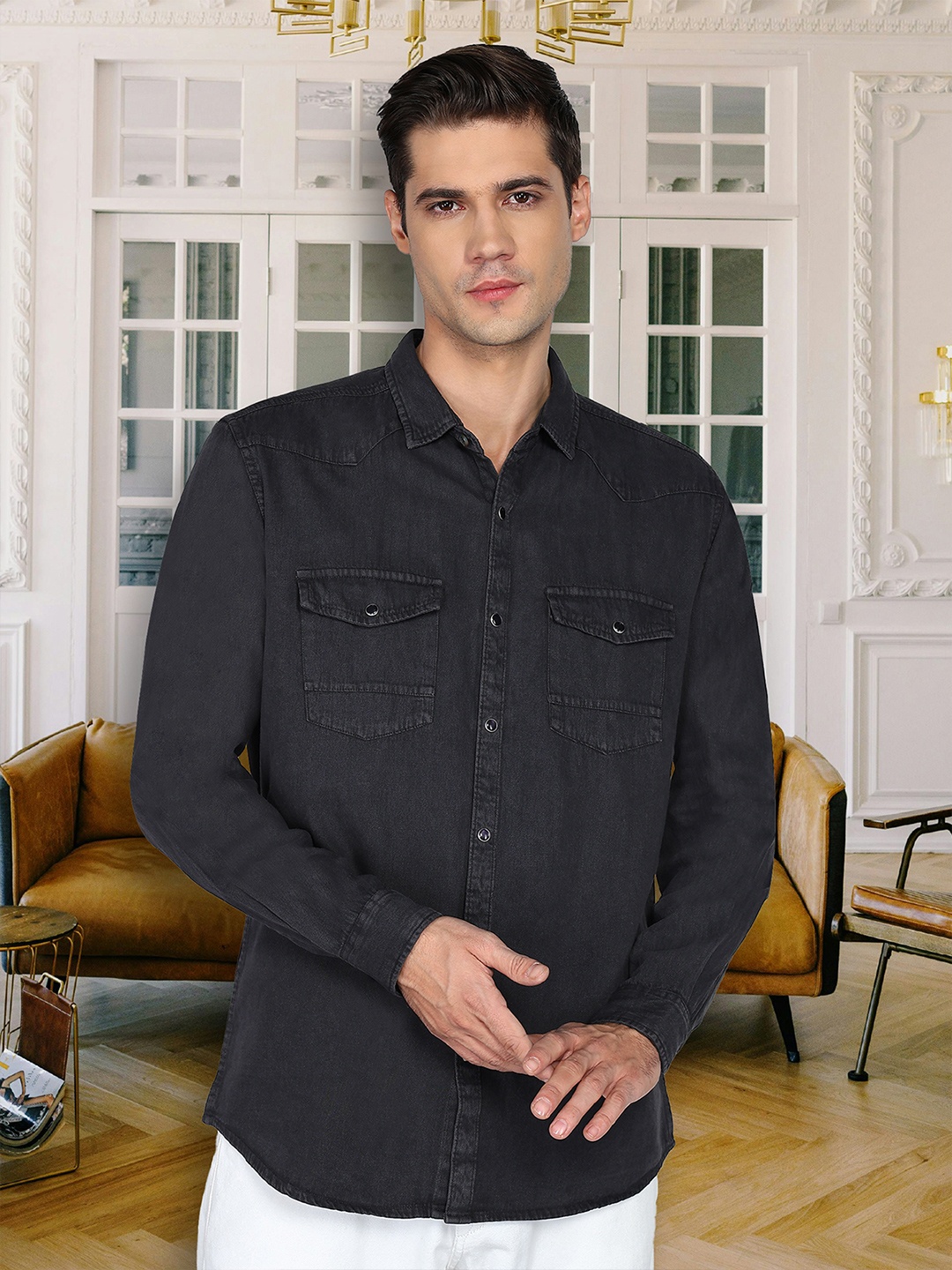 

Kuons Avenue Men Smart Spread Collar Solid Cotton Slim Fit Casual Shirt, Black