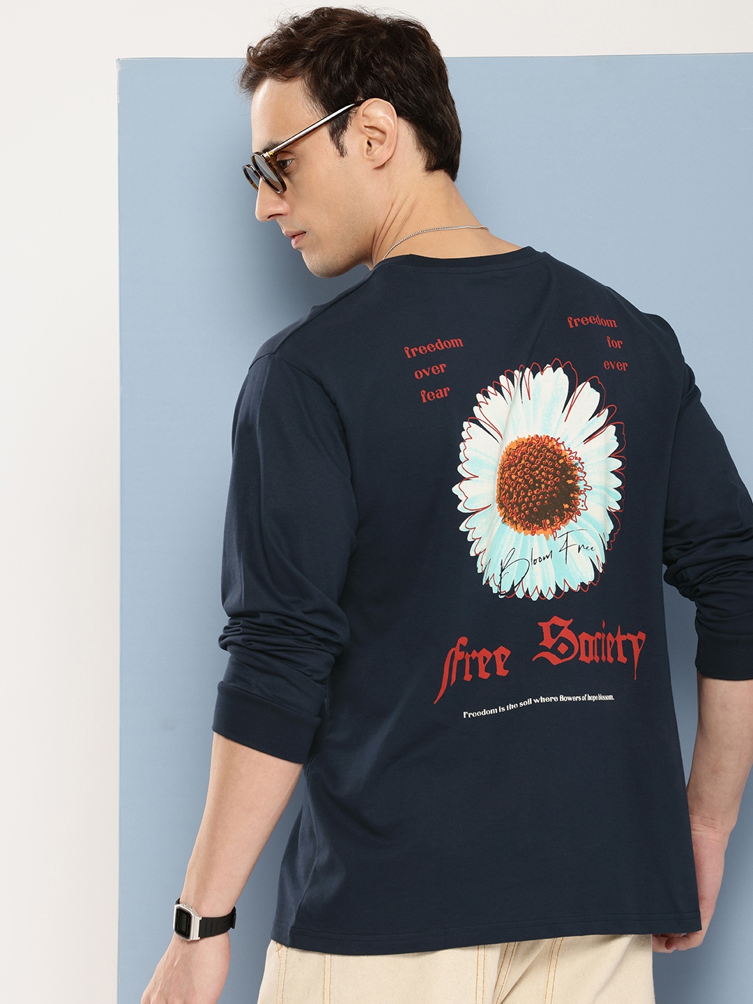 

FREE SOCIETY Men Printed Oversized T-shirt, Navy blue