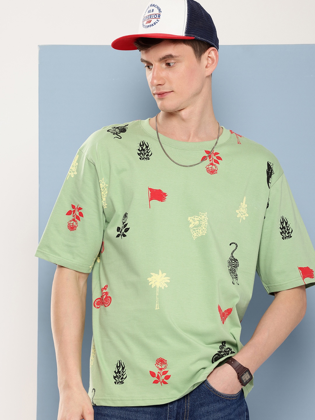 

FREE SOCIETY Men Printed Oversized T-shirt, Green