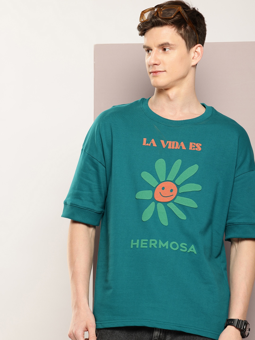 

DILLINGER Men Printed Drop-Shoulder Sleeves Oversized Pure Cotton T-shirt, Green