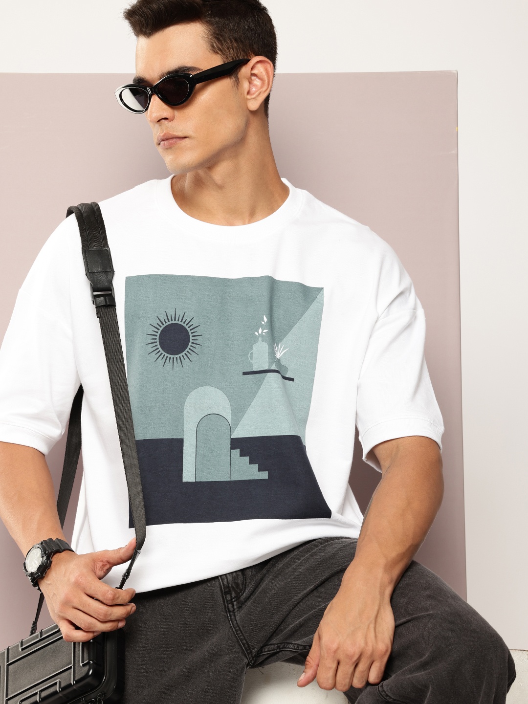 

DILLINGER Men Printed Drop-Shoulder Sleeves Oversized Terry Cotton T-shirt, White